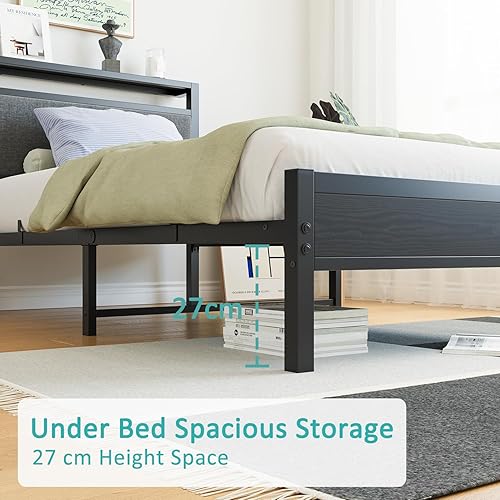 Miniatura 5 de Base de cama de tamaño individual con cabecera tapizada de tela, base de cama de plataforma individual con cabecera de almacenamiento y soporte de