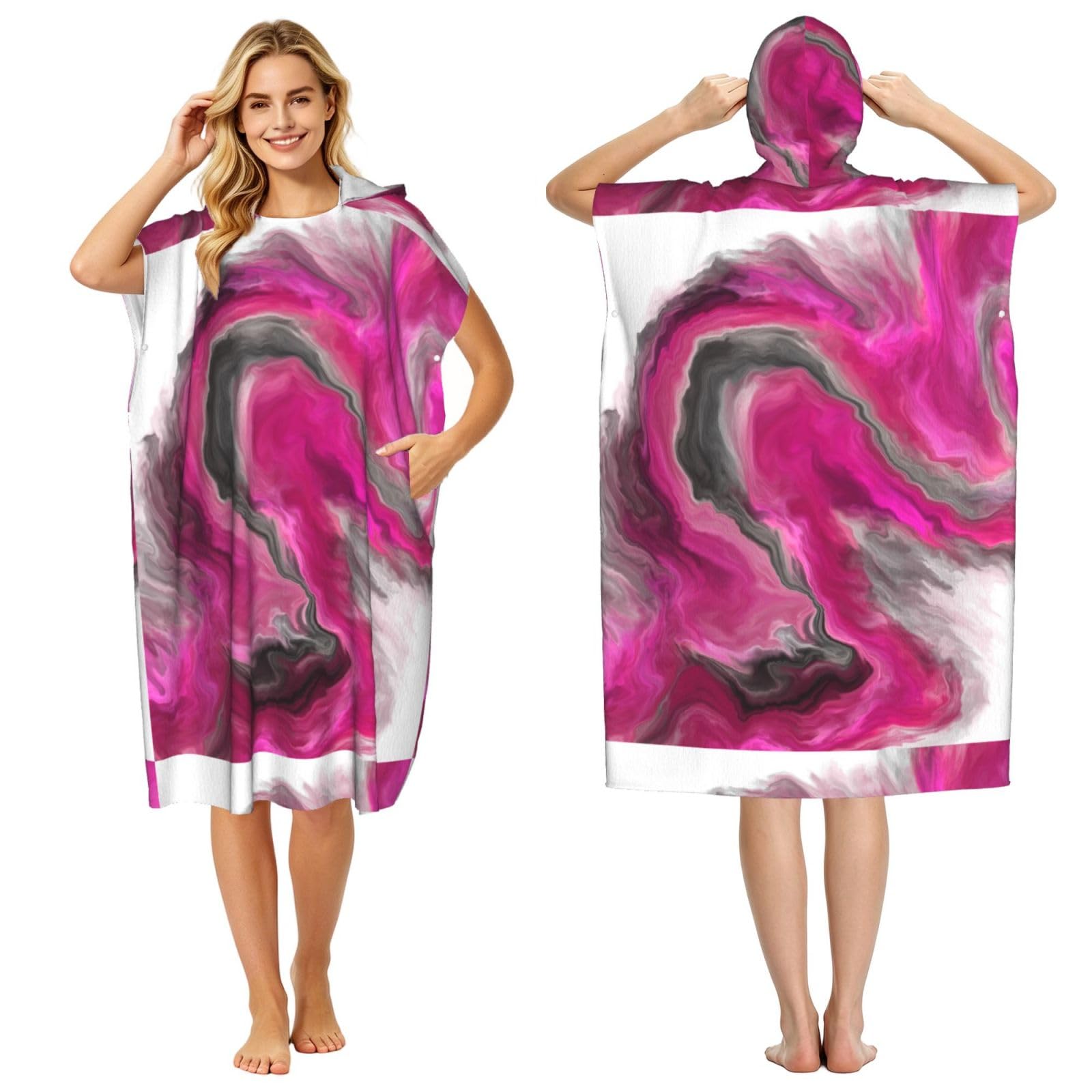 Poadnly Magenta Black Grey Jewel Tone Fluid Art Swirl, Adult Hooded Beach Towel 90 x 110 cm,Changing Bath Robe, Surf Poncho Towel For Women Men