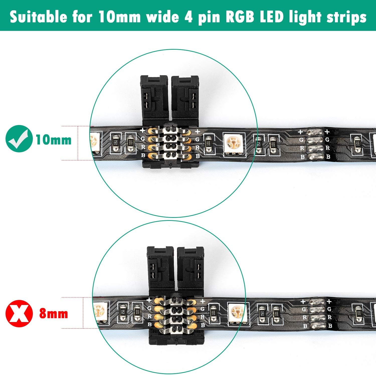 20 Pack 4 Pin RGB LED Light Strip Connectors JACKYLED 10mm Wide Gapless Solderless LED Rope Light Adapter Clip Connectors for SMD 5050 Multicolor LED Strip (Black)