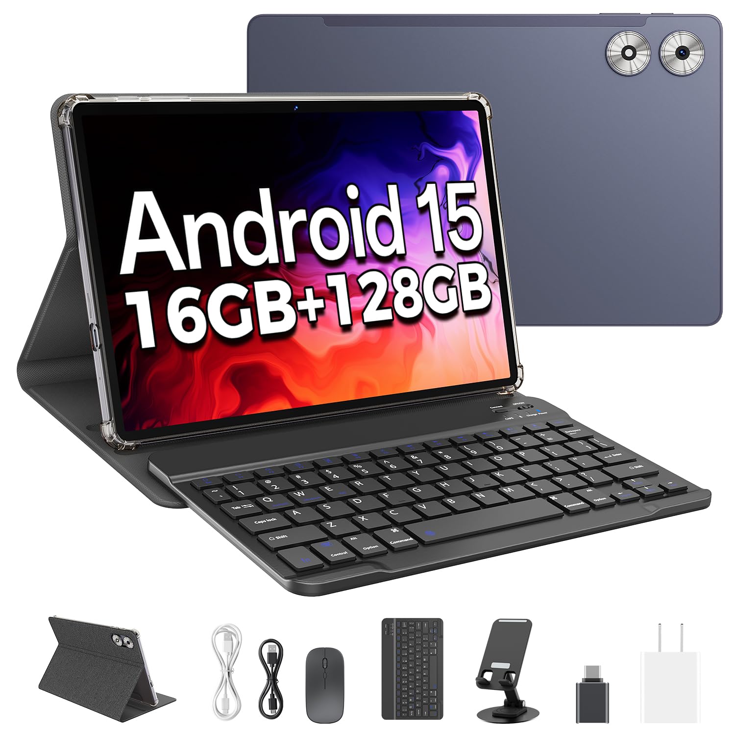 2025 Android 15 Tableta con teclado, 16 GB + 128 GB Tabletas 2 en 1 Octa-Core de 11 pulgadas Cámara dual 5 + 13 MP, WiFi 5G / 2.4G, 8000 mAh, BT5.0, certificación GMS, con mouse, estuche, lápiz óptico, (gris)