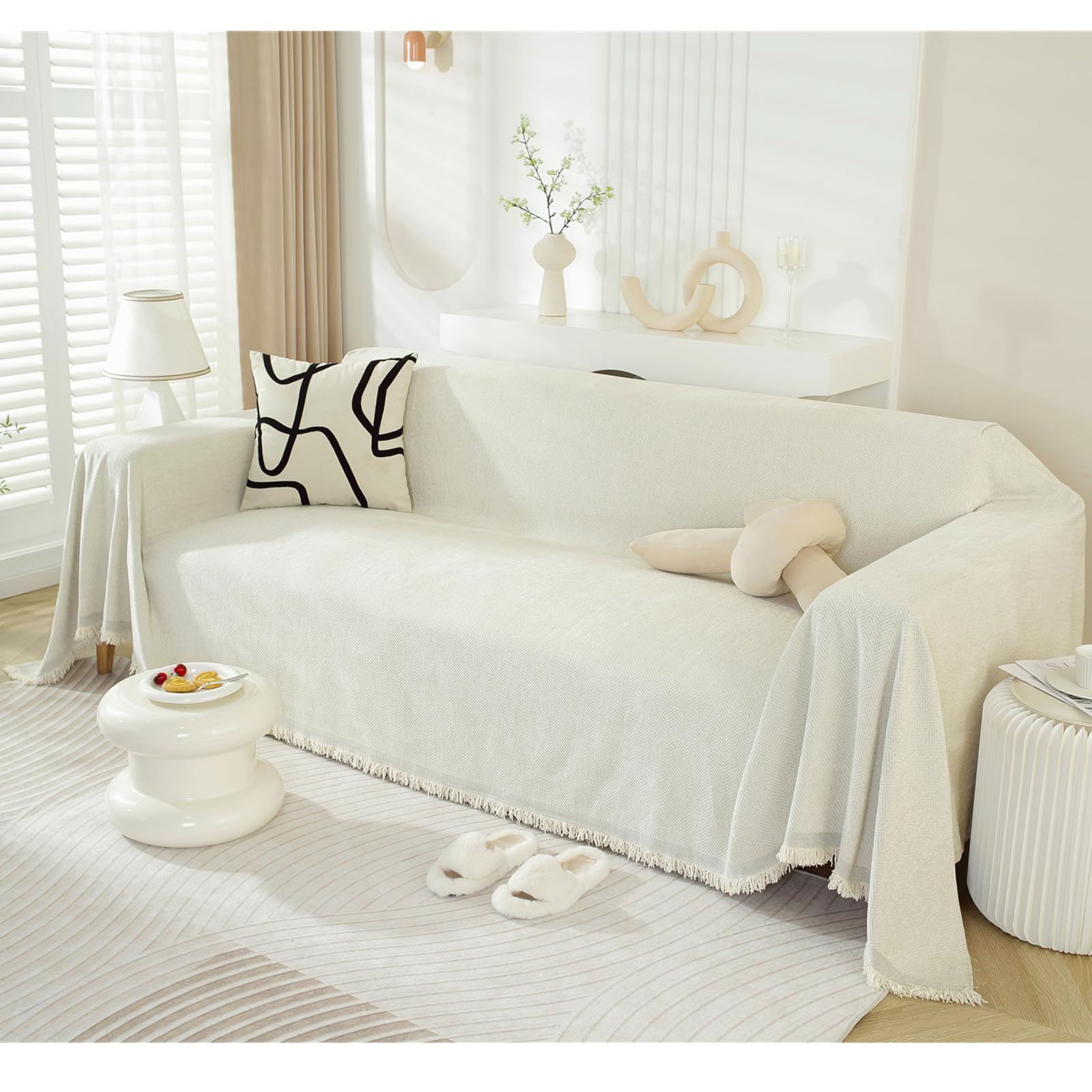 Housse de canapé 1 place protection salon imperméable blanc cassé