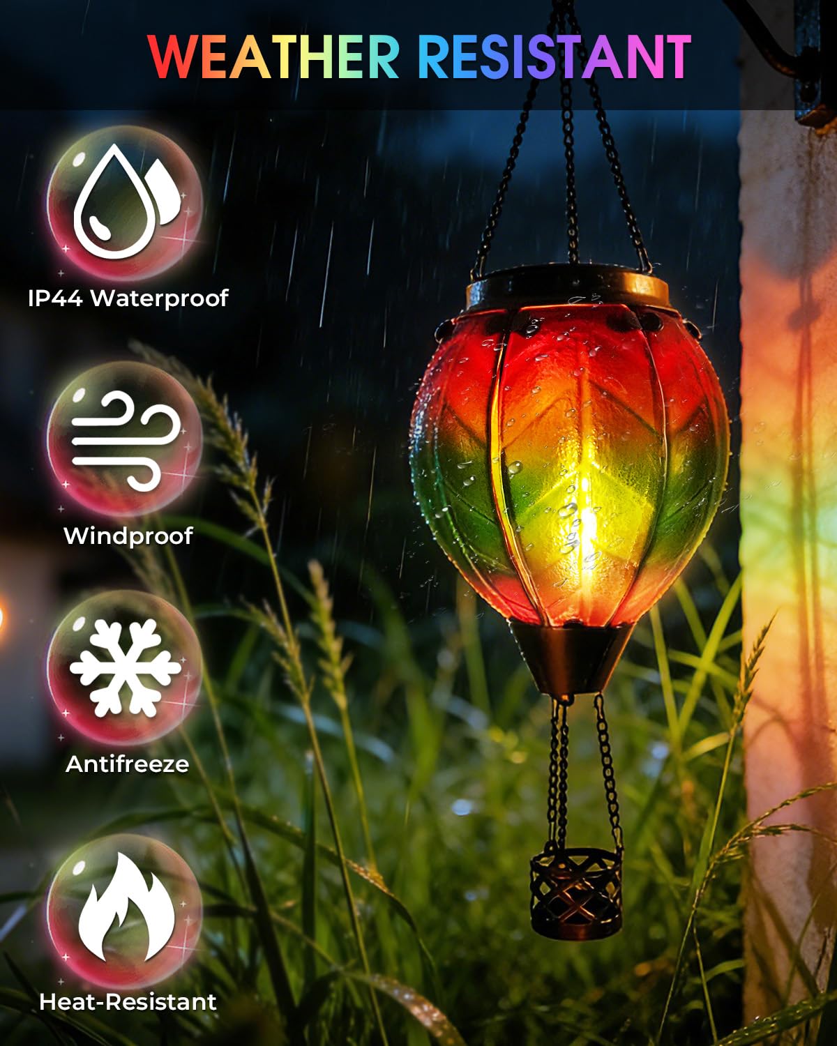 Klarlight Lanterna solare a forma di mongolfiera, 45 cm, da appendere, con effetto vetro arcobaleno, impermeabile, ad energia solare, accensione e spegnimento automatico, per giardino, patio, cortile