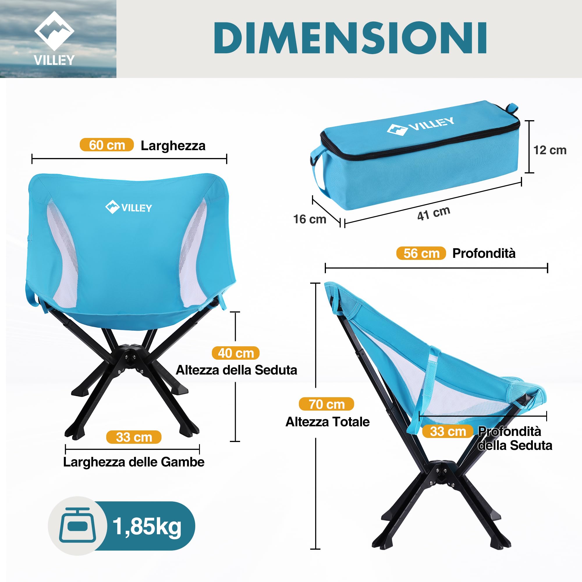 VILLEY Sedia da Campeggio Pieghevole Leggera e Portatile Blu, 150 kg di Capacità, con Borsa per il Trasporto – per Campeggio, Viaggi, Picnic, Festival, Escursionismo