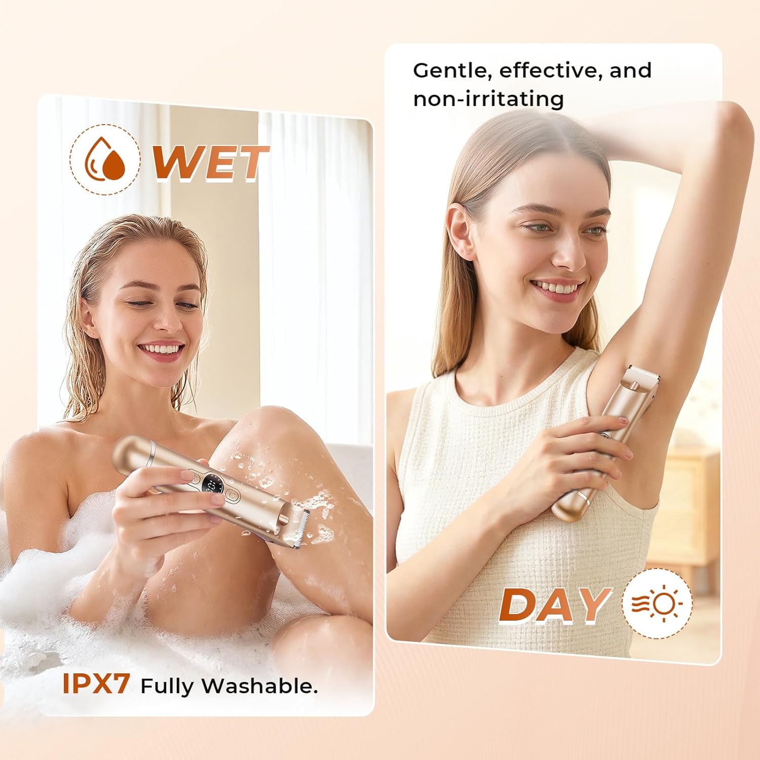 Bikini Trimmer for Women, 4 in 1 Cordless Shaver, IPX7 Waterproof Hair Trimmer with LED Display, Portable Electric Razors for Women Pubic Hair, Face, Leg, Underarms, USB Charge, Gold