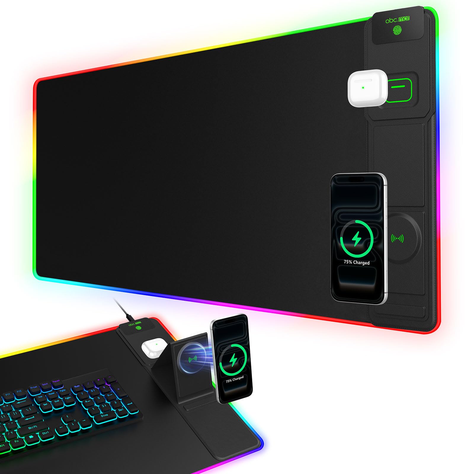 Tappetino per mouse da gioco XXL RGB LED con ricarica wireless magnetica e supporto pieghevole per telefono, 80 x 40 cm, tappetino da scrivania ultra liscio, 25 effetti di luce, base antiscivolo