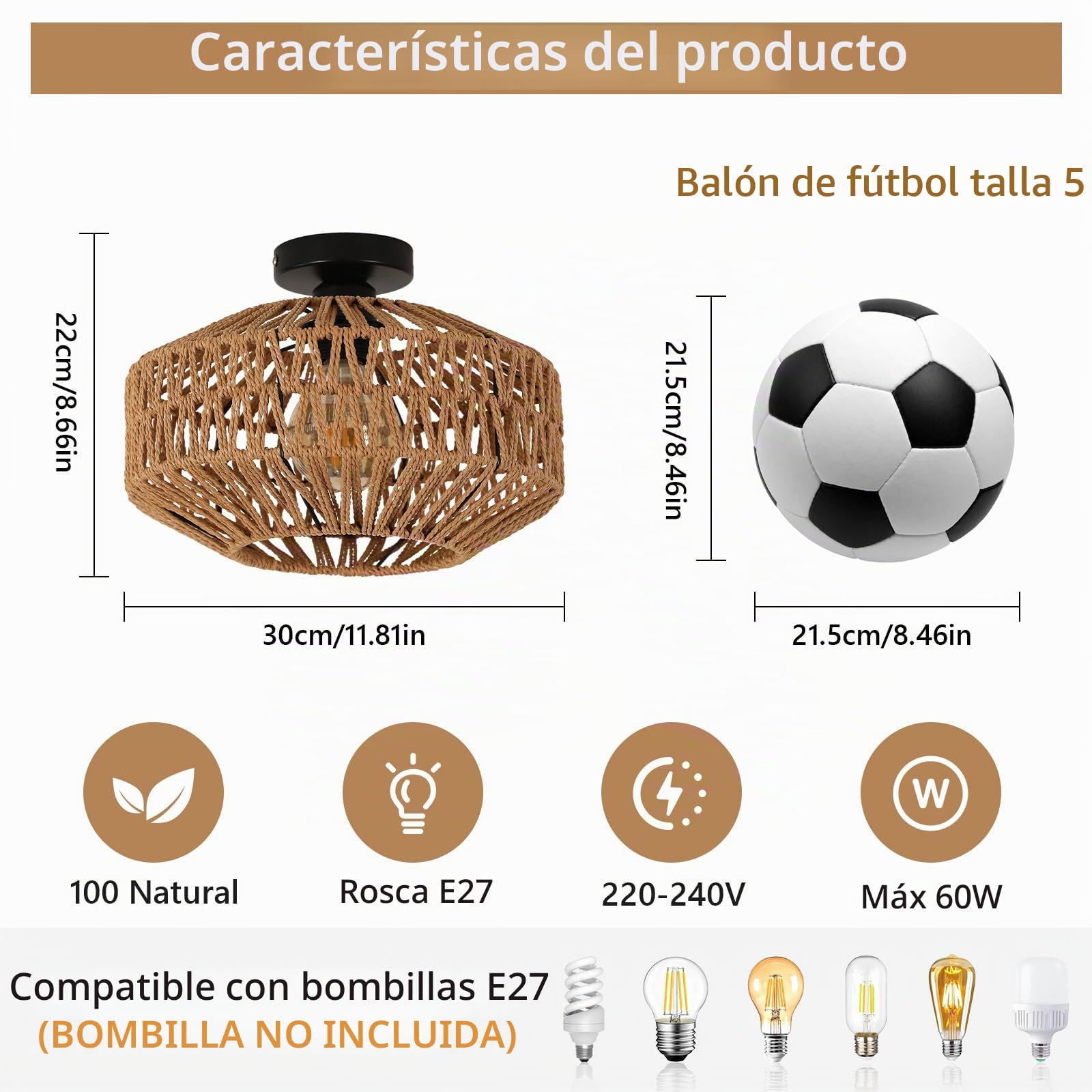 Toolight Lámpara de Techo Vintage E27, Lámpara de Araña Tejida de Bambú Max 60W Ø30cm, Lámpara Colgante Bohemia Tejida a Mano para Salón Dormitorio Cocina Pasillo