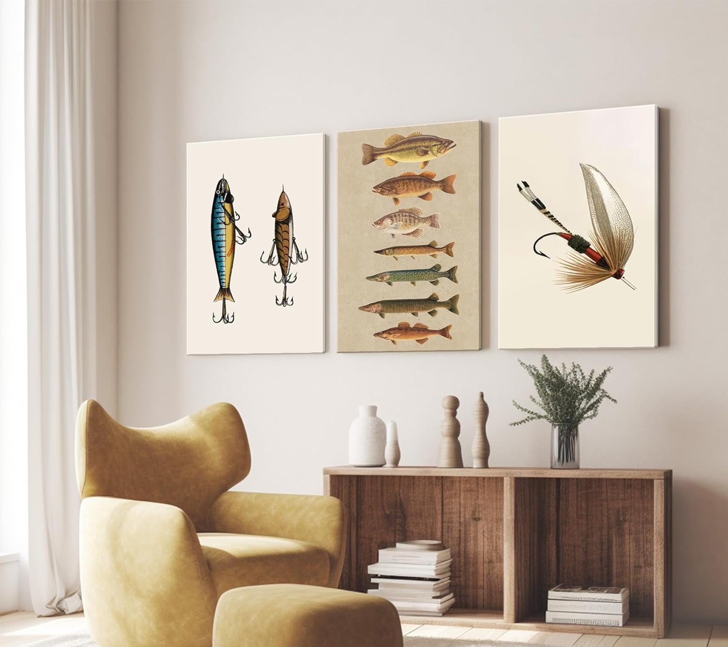 3Pcs Vintage Fishing Canvas Wall Art Minimalism Fishing Gear Posters Artwork Fisherman Cave Painting Pictures Wall Decor for Outdoorsy Cabin Kitchen Fisherman Home Decoration 12x16in Framed