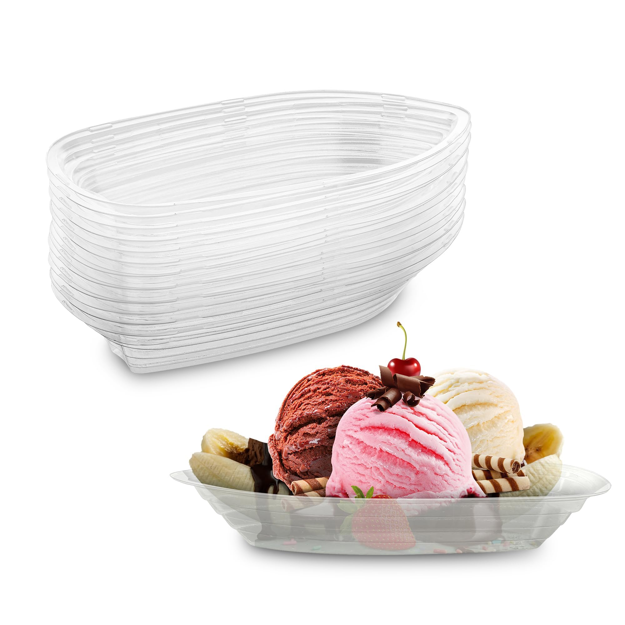 MT Products Clear Plastic Disposable Banana Split Boats 12 oz. - Ice Cream Sundae Bowls (Pack of 30) - Made in the USA