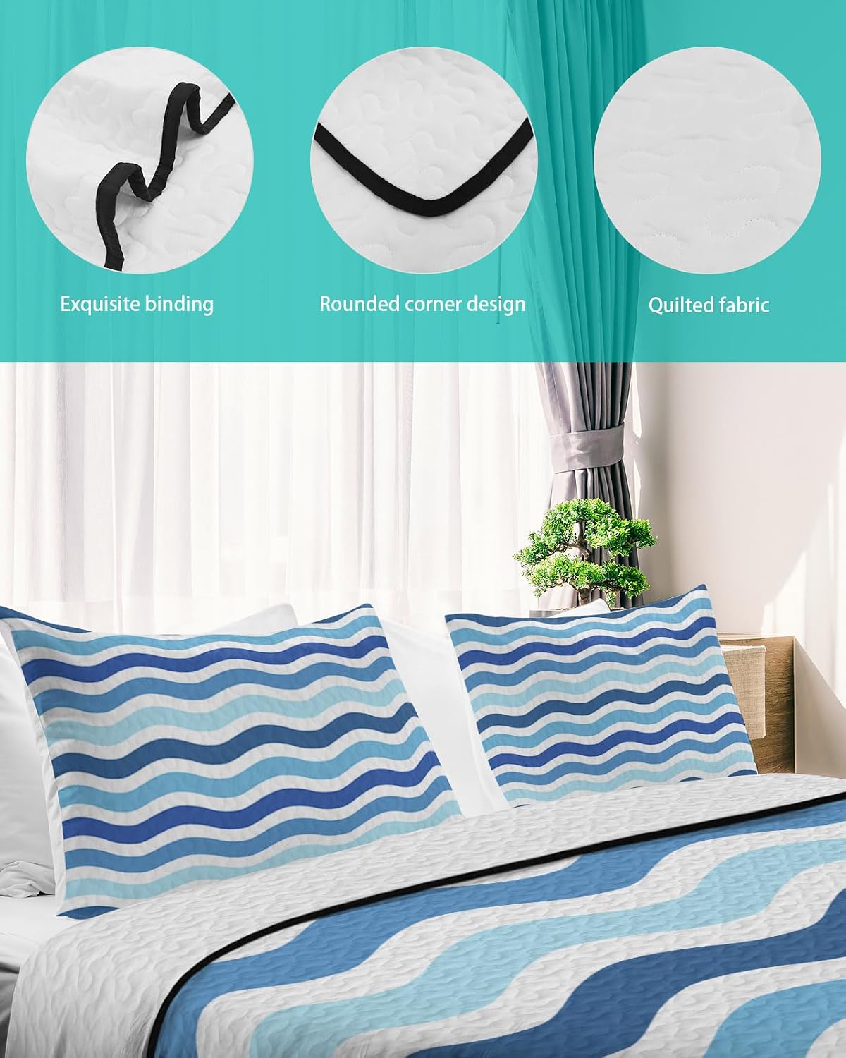 King Size Quilt Set, Blue Gradient Water Ripple Lightweight Bedspread Coverlet Set Soft Microfiber Summer Quilt with 2 Pillow Shams, Summer Ocean Theme 3 Piece Comforter Bedding Set
