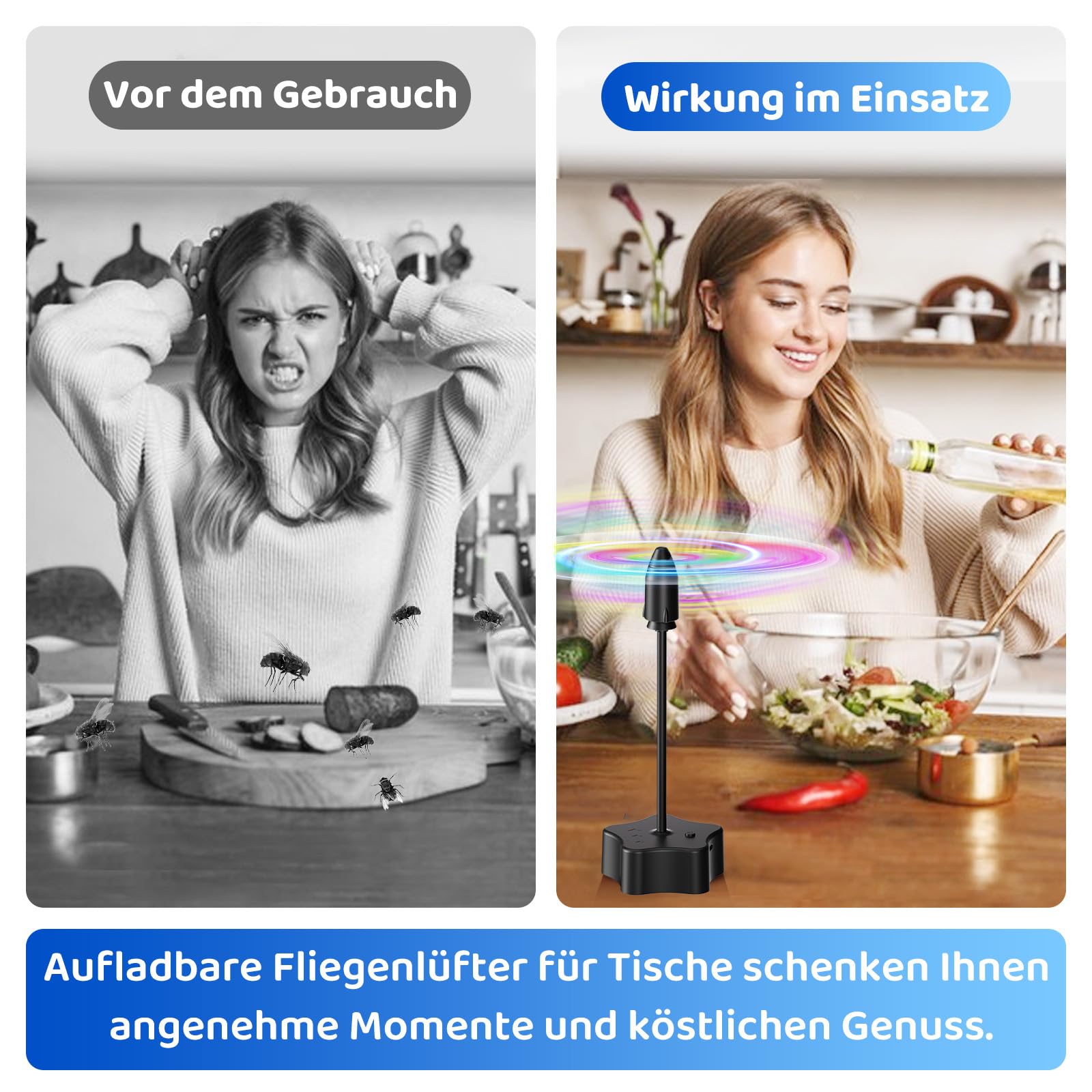 4er Fliegenwedler, USB-C aufladbar Fliegenfächer für Tische, tragbarer Fliegenabwehr Ventilator mit holografischen Reflexflügeln, leiser Fliegenvertreiber für Innen und Außen, Grillen, Picknick