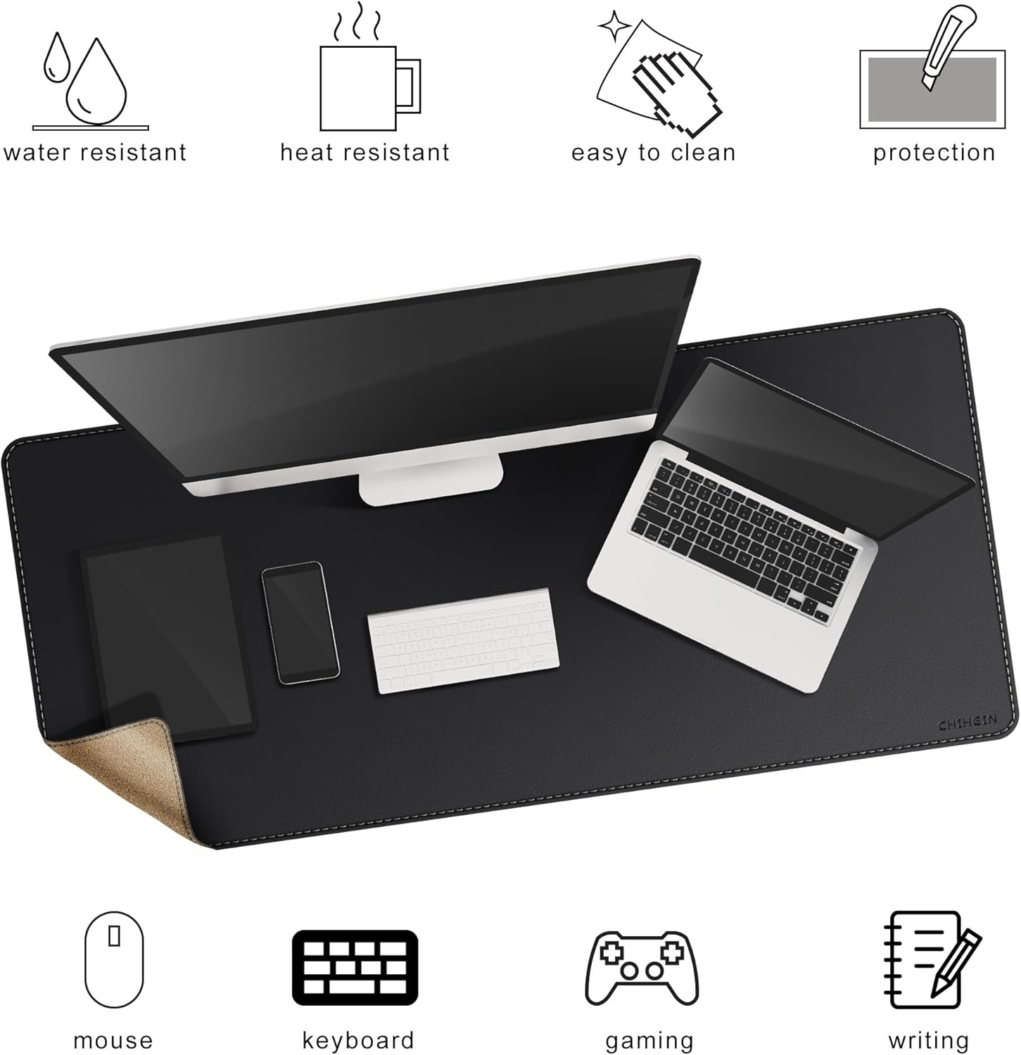 Chihein 47" x 20" 3XL Desk Mat with Cork & PU Leather, Dual Sided Desk Pad, Waterproof Computer Desk Mat for Gaming, Office, Home (Black)