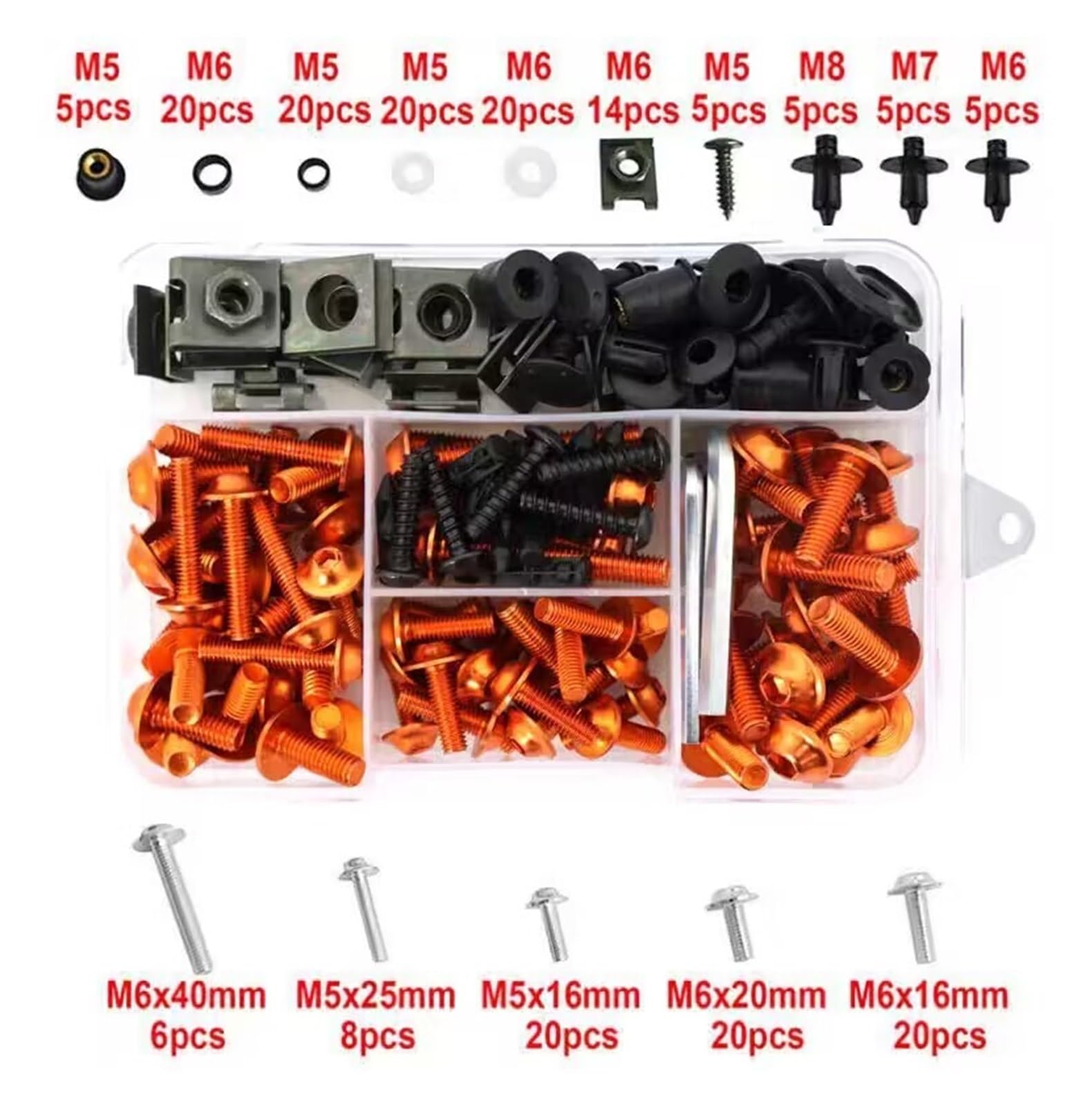 Motorrad Verkleidungsschrauben Für CFMOTO 400GT 650GT CF MOTO 150NK 400NK 650NK 195PCS Motorrad Verkleidung Windschutzscheibe Aluminium M5 M6 Schrauben Schrauben Kit Mutter Clip