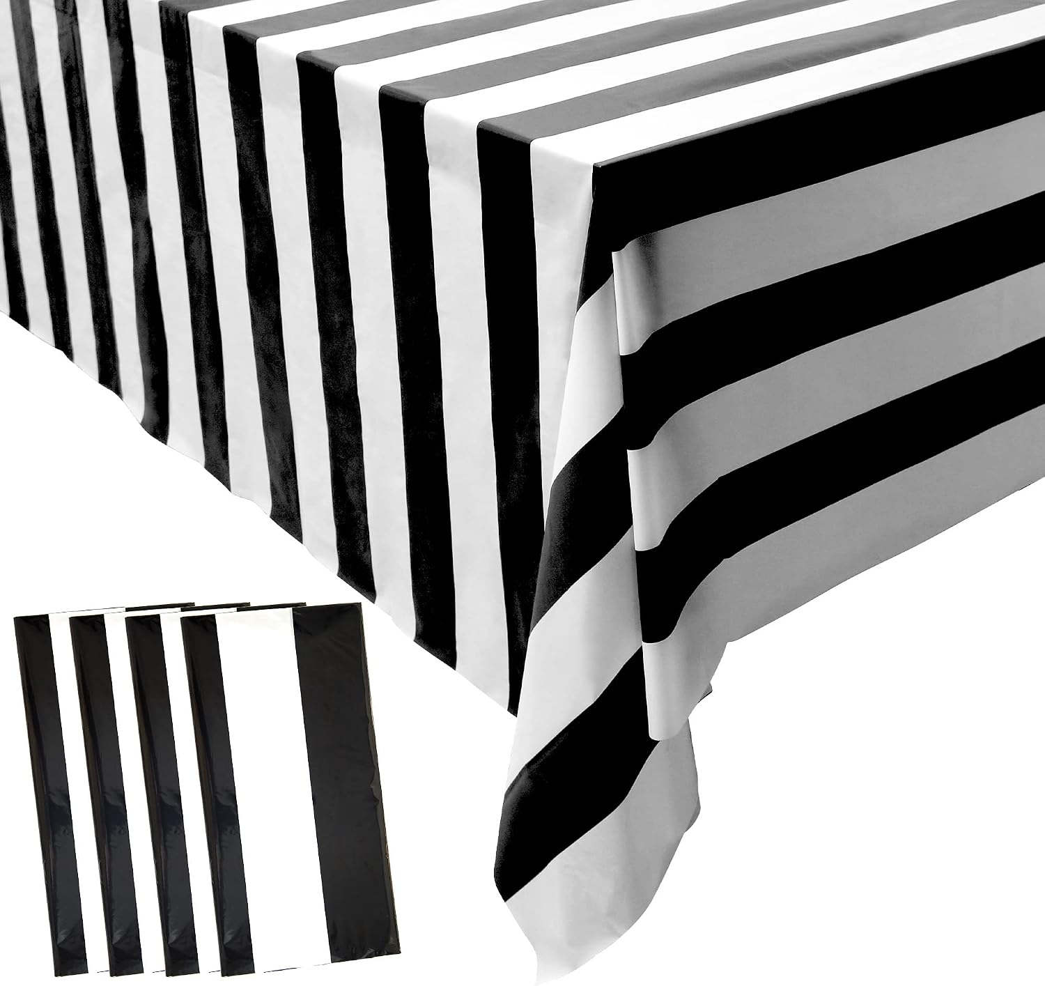 peony man 4 Pieces Black and White Striped Tablecloth Plastic Stripe Table Cover Waterproof Rectangle Tablecloth for Holiday Party Picnic Decoration