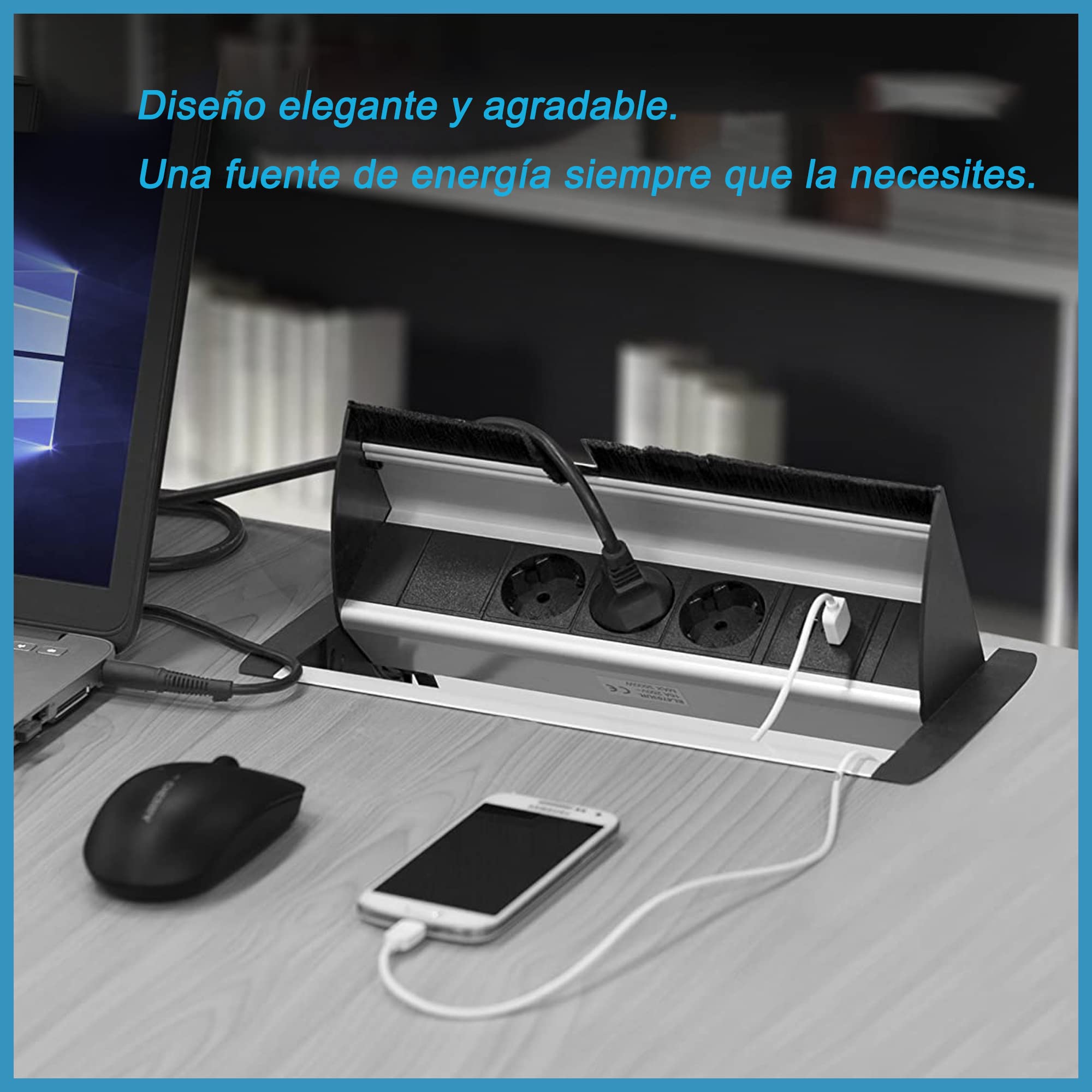 Soporte de escritorio horizontal retráctil, toma múltiple con 3 zócalos alemanes, 2 puertos USB, cable de alimentación de 1,5 m, enchufe alemán, apto para oficinas, salas de reuniones EL4403U