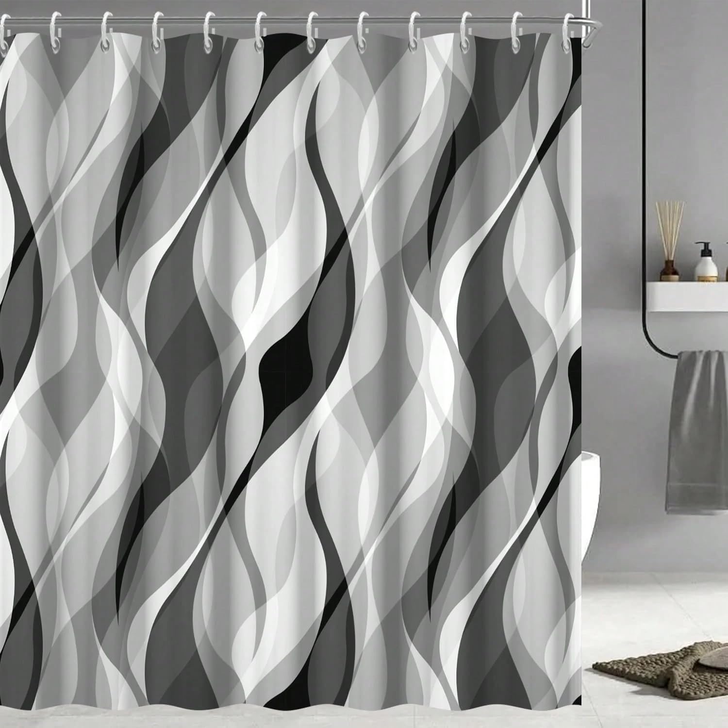 GLKSDLPO Gray Shower Curtain, Modern Abstract Black And Gray Striped Shower Curtain Set(165x153cm/65x60in(WxH)