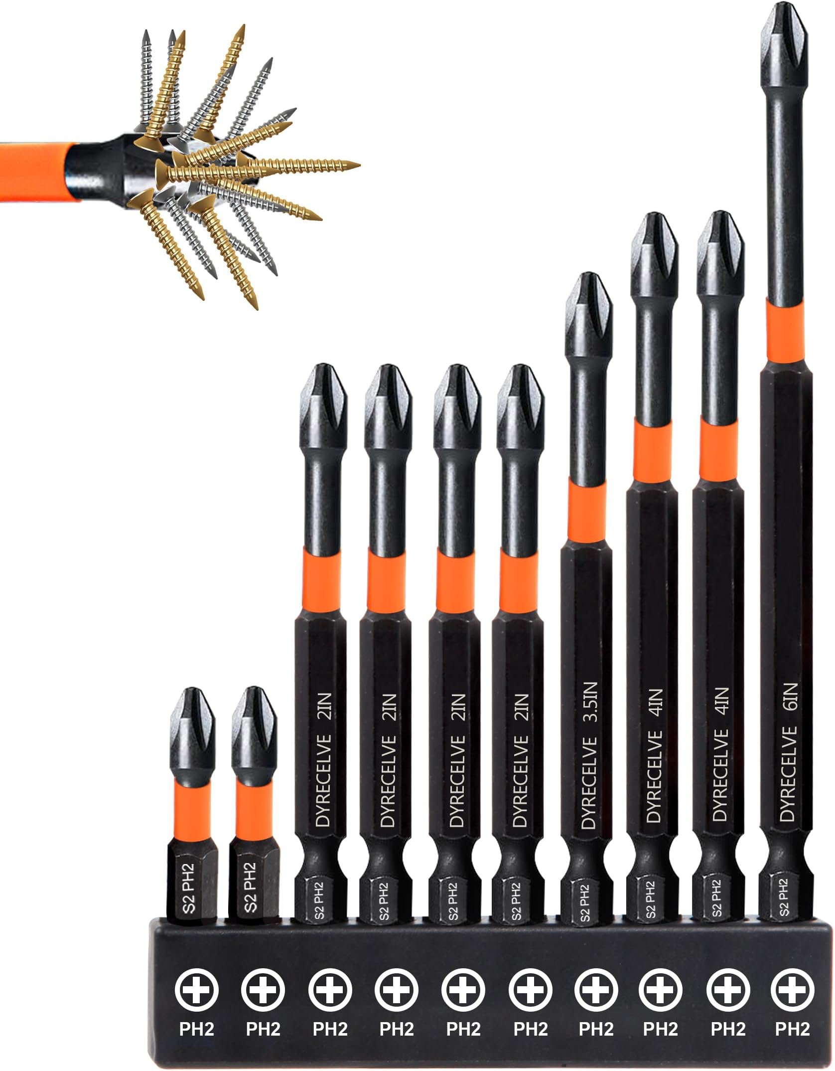 10-Pack Phillips Bits #2 Impact Magnetic, 1-Inch to 6-Inch Long Phillips Head Drill & Screwdriver Bits, PH2 Premium S2 Steel 1/4" Hex Shank for Impact Drivers, Professional & DIY Use