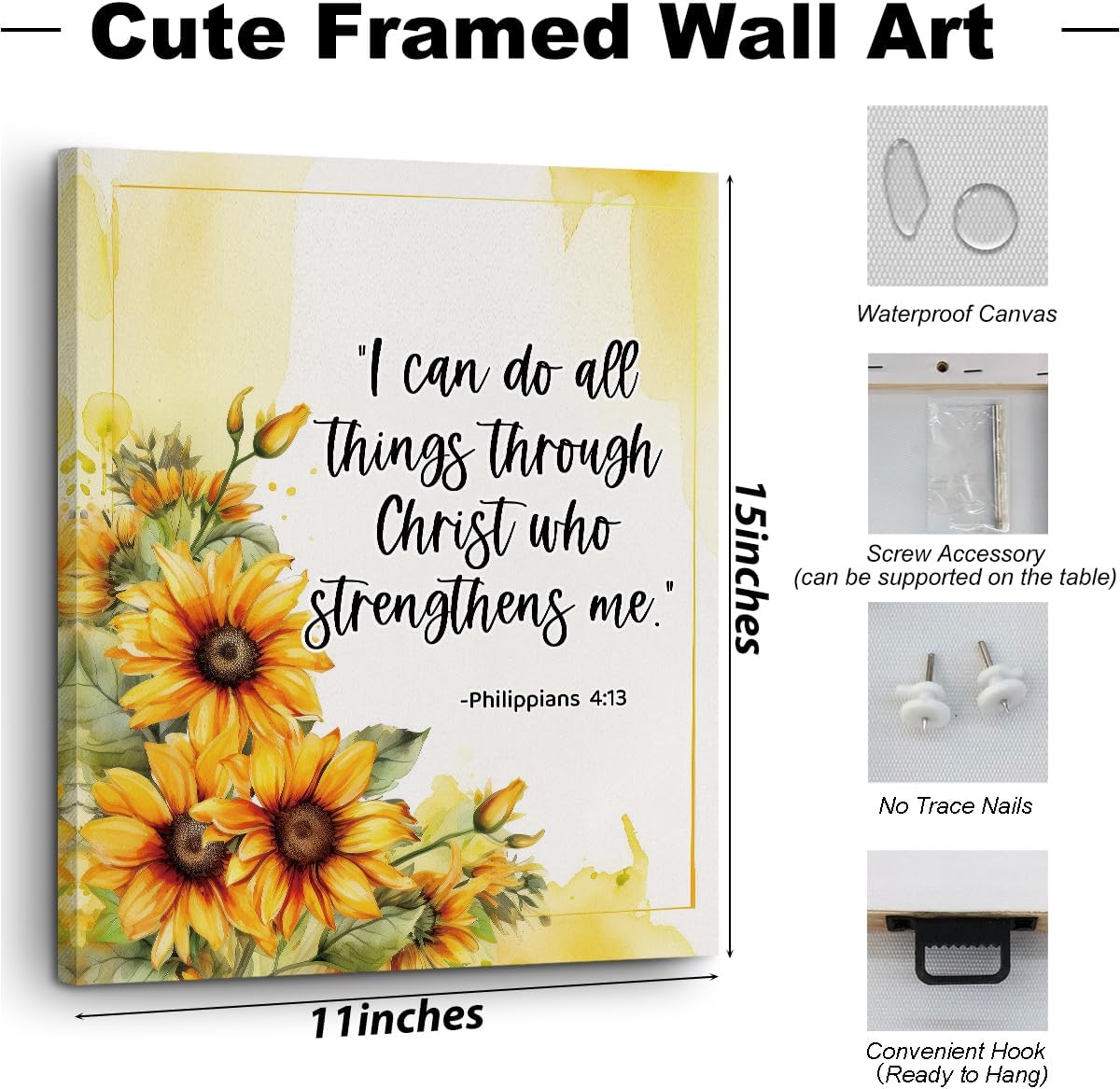 Motivational Inspirational Faith Christian Gifts for Woher Sister Religious Sunflower Gifts Canvas Wall Art Wall Decor, Vintage Prints Painting Artwork for Home Bedroom Office,11.4x15inch,Framed
