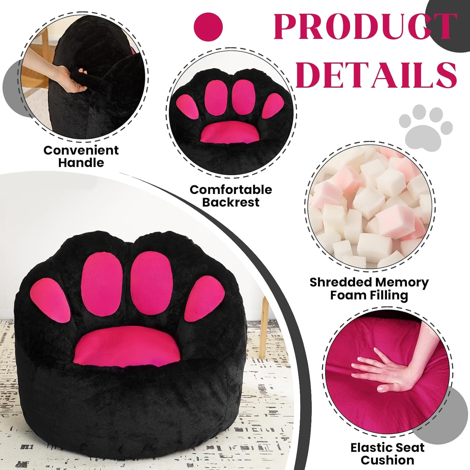 Bean Bag Chair for Adults Teens, Gaint Faux Fur Cat's Paw Shape Beanbag Chairs Memory Foam Filled Accent Floor Sofa for Reading, Gaming, Relaxing in Living Room, Bedroom, Dorm