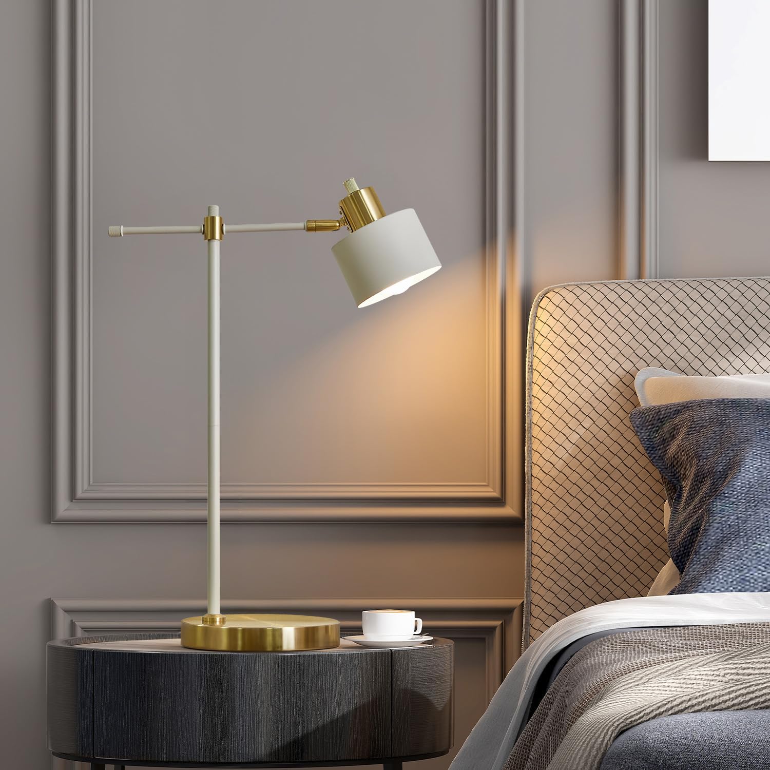 OYEARS Modern Industrial Desk Lamp Floor Lamp for Reading LED Metal Table Lamp Light for Office Bedroom Study Room Living Room Nightstand Bedside Lamps Gold and Matte Black Accent Bulb Included(White)