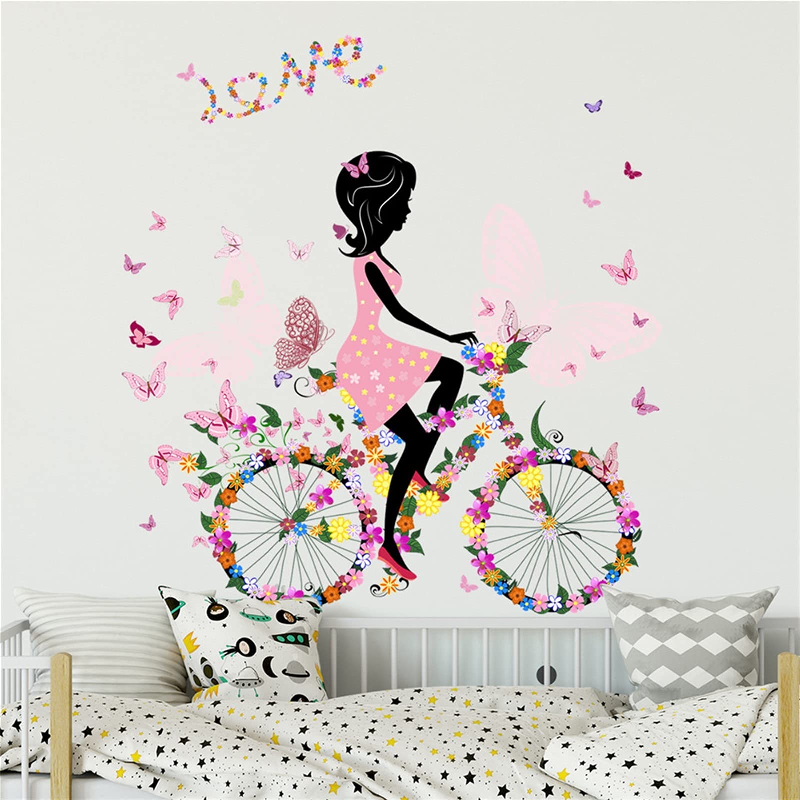 Adesivi ​Murali Ragazza che guida un autoadesivo da muro della bicicletta for le ragazze della camera da letto della camera da letto decorazione della camera da parati della carta da parati rosa del c