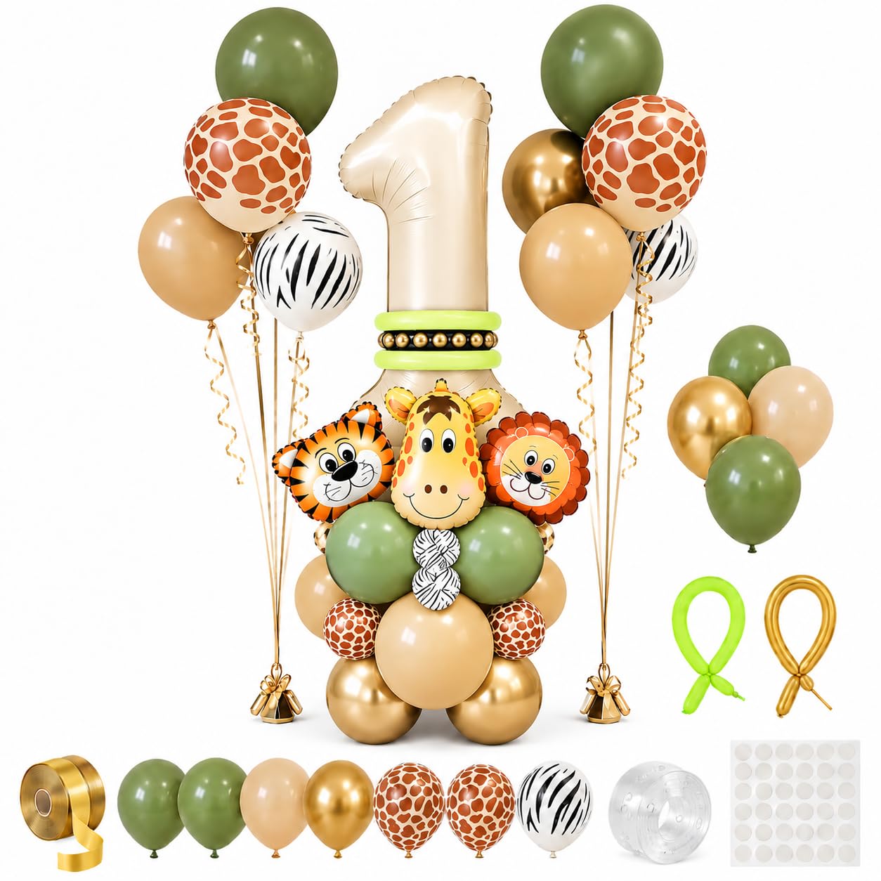 40Pcs 1st Birthday Balloon Kit, 40in Number 1, Jungle Safari Foil Balloons