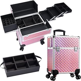 Professional Extra Large Makeup Trolley Lockable Rolling Train Case Artist Make Up Box Beauty Cosmetics Storage Organizer with Universal Wheels and Removable Middle Layer - Pink Diamond Surface