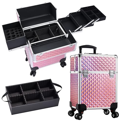 Professional Makeup Trolley Lockable Vanity Case Artist Make Up Box Beauty Trolley On Wheels Cosmetics Storage Organiser with Removable Middle Layer - Pink Diamond Surface - Pink