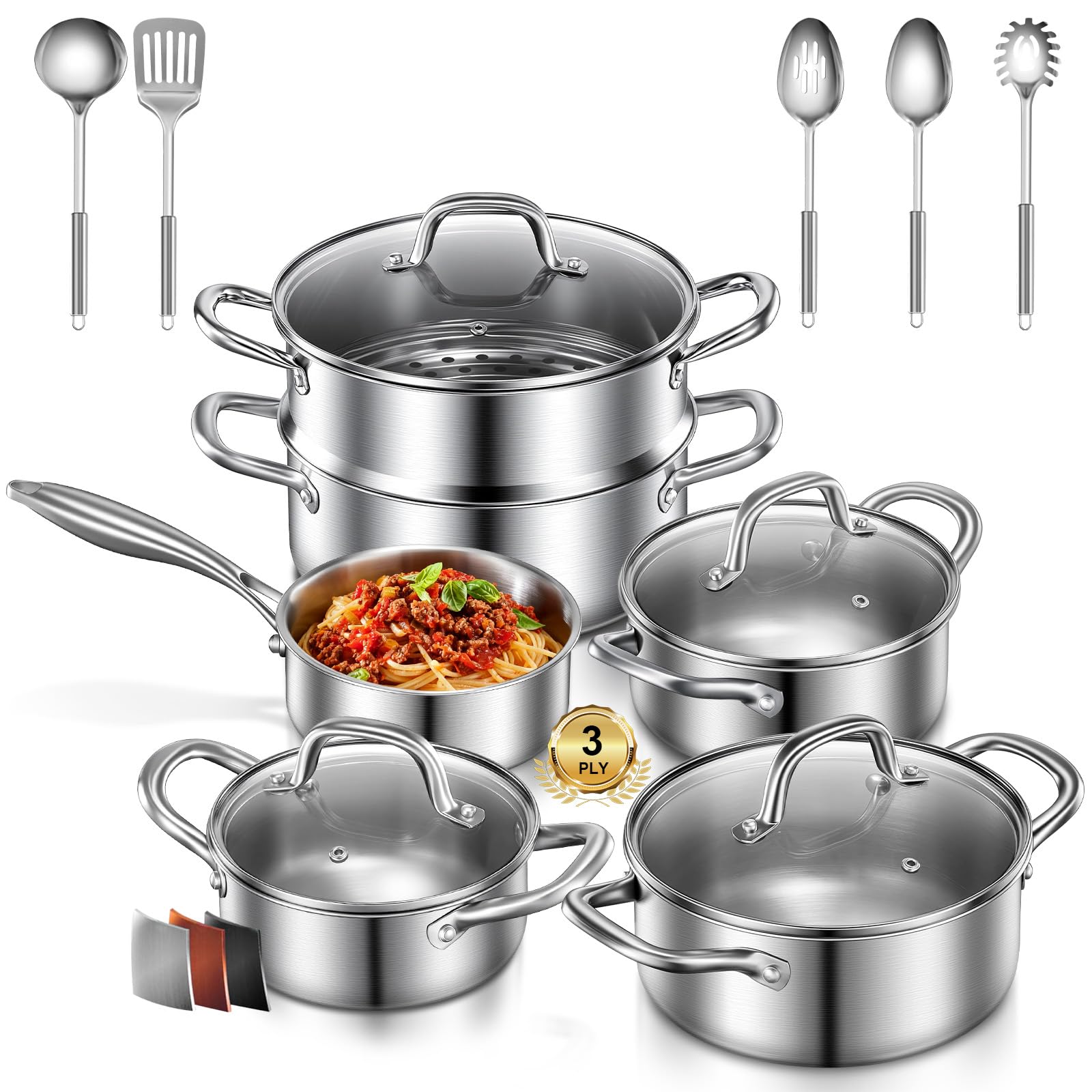 Topfset Edelstahl 3-PLY, 15-tlg Premium Induktions Töpfe Set Induktionsgeeignet für alle Herdarten, mit Dünsteinsatz & 5-Teilig exklusivem Löffelzubehör, unbeschichtet, für Camping und Wohnung