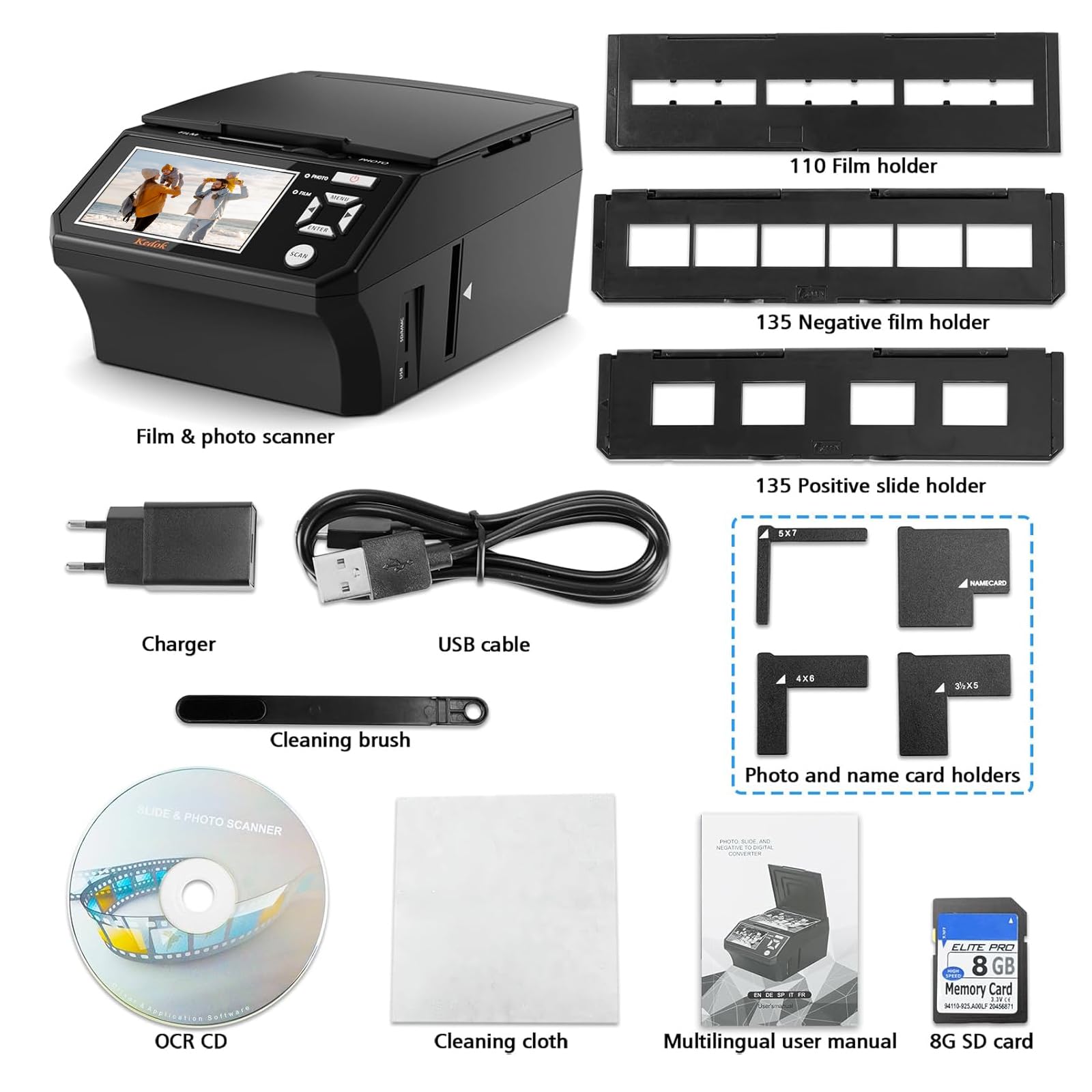 Scanner multi-photos, diapositives et négatifs, scanner photo à numériser avec grand écran LCD de 5 pouces, convertir 35 mm, 110 films/photo/carte de visite en 22 MP Digital JPEG, contient une carte
