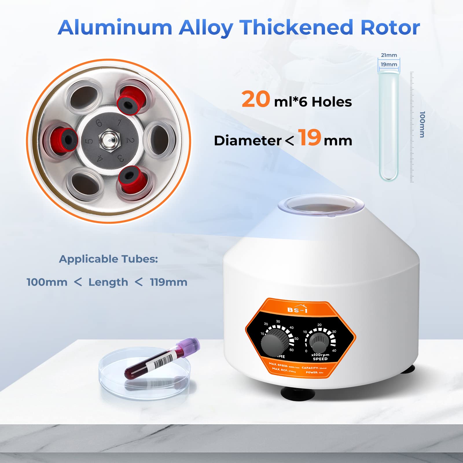 Máquina Centrífuga de Laboratorio 6 x 20 ml, 4000 rpm, Temporización 60 min, Fuerza Centrífuga 1790 xg con Tapa Transparente, PRP PRF Uso para Tubos de Centrífuga 5/7/10 ml Vacutainer 10/15 ml (Ori