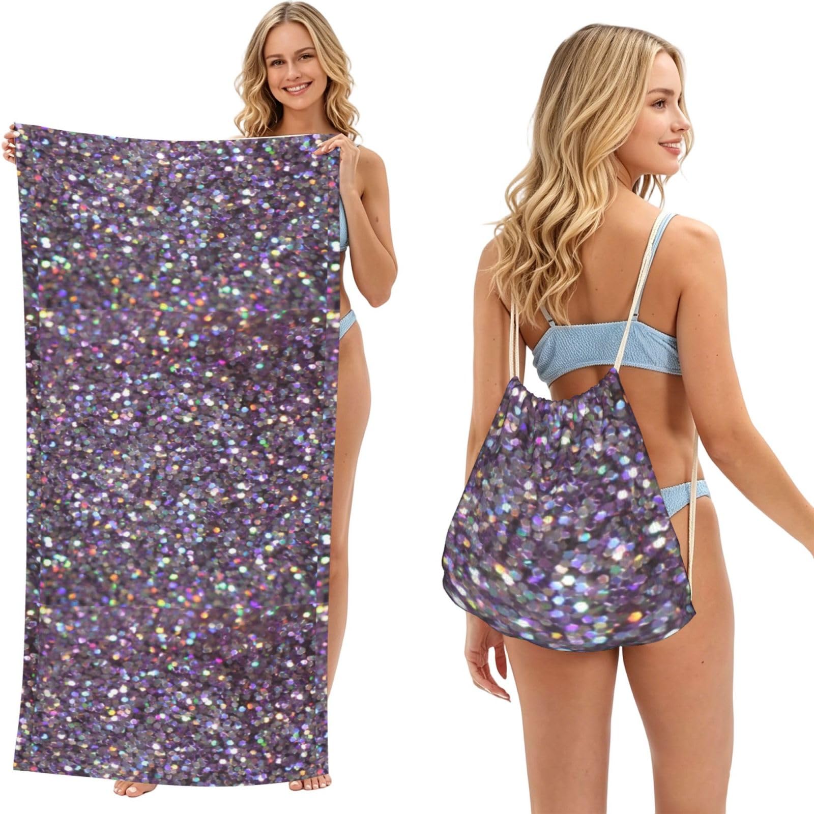 Poadnly As Picture Glitter Sparkles Shimmer, 2 In 1 Packable Towel Bag, Beach Towels With Drawstring Backpack For Travel Holiday Camping
