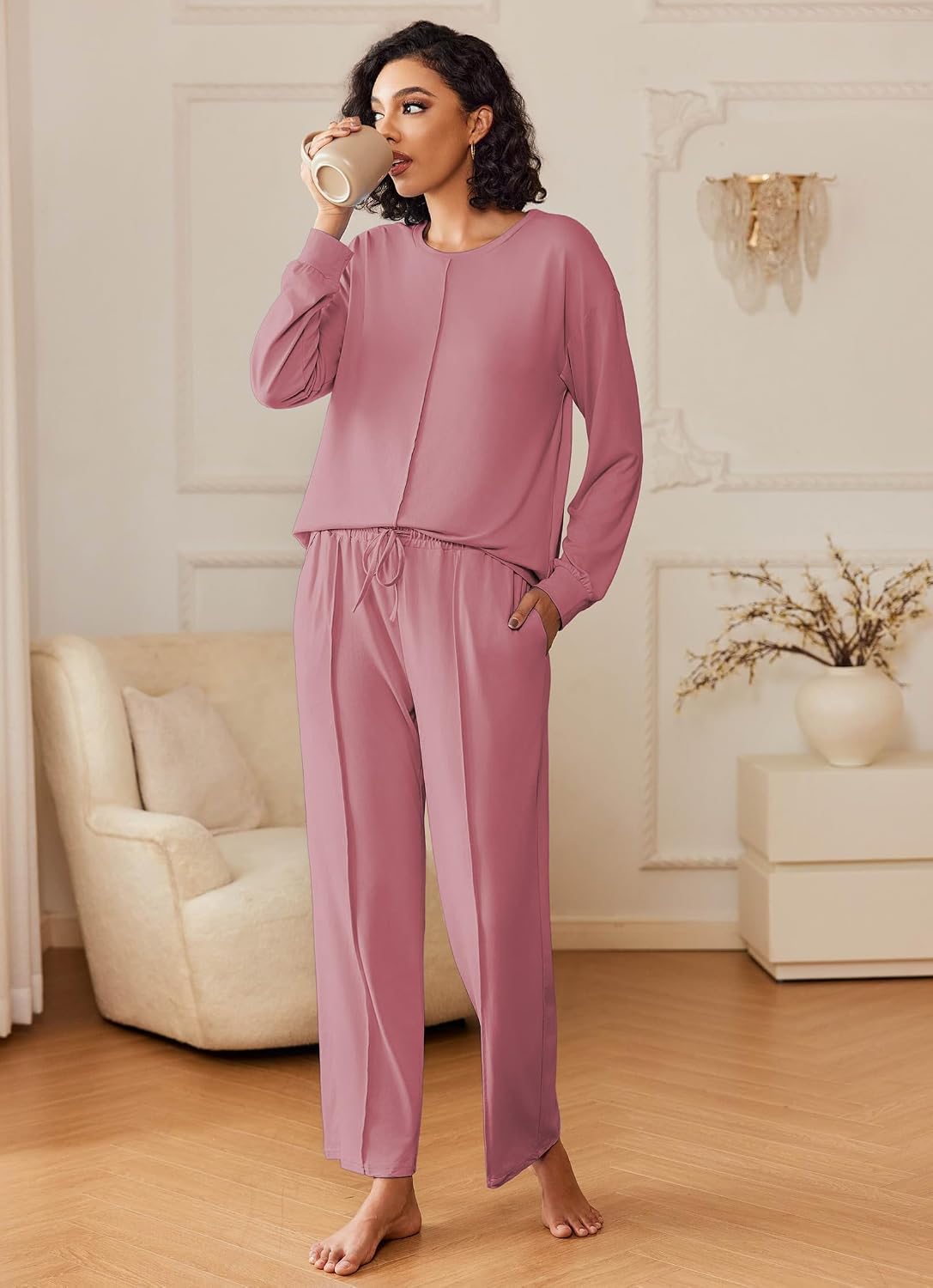 Ekouaer Pajama Sets Women 2 Piece Long Sleeve Sleepwear Cozy Pjs Loungewear image 5