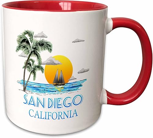 3dRose San Diego California náutico vela diseño de barco y palmeras, 11oz 299286_5, taza roja de dos tonos de 11 oz, rojoblanco