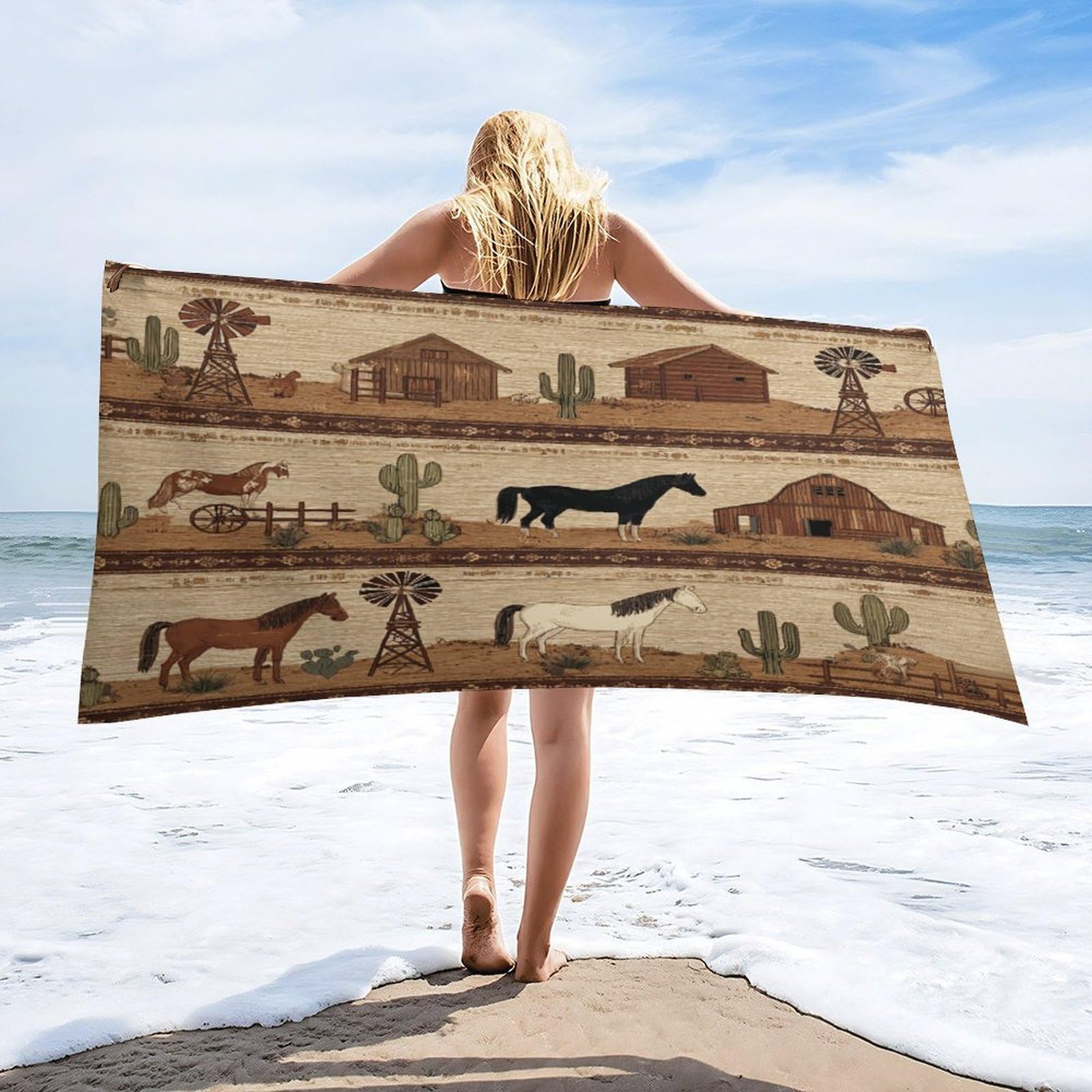 Luyysky Vintage Abstract Animal Horse Absorbent Beach Towel, Beautiful Rustic Western Desert Log Cabin Windmill Plant Cactus Outdoor Single-Sided Velvet Beach Towel-80 W Cm X 160" L Cm
