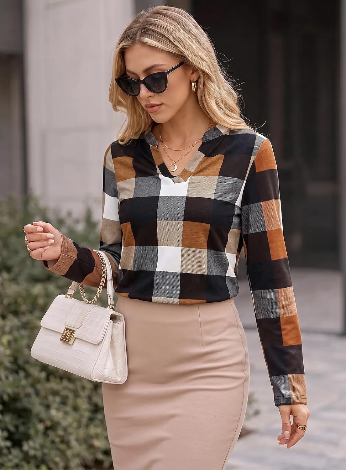  Womens Tops Plaid Cotton Cuffed 3/4 Sleeve Shirts Blouses thumbnail