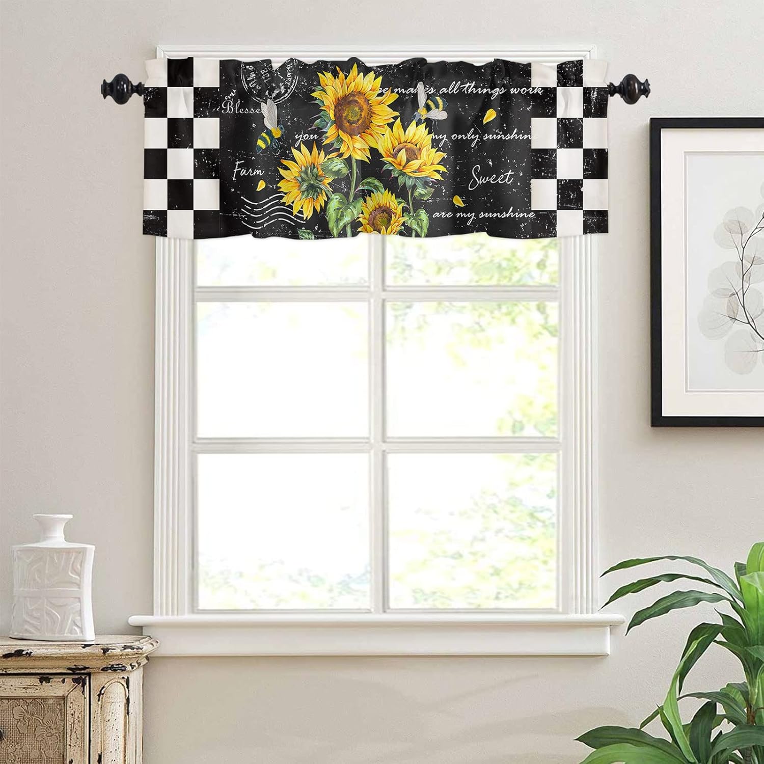 Window Valance Curtains Sunflower Vintage Flower and Bee