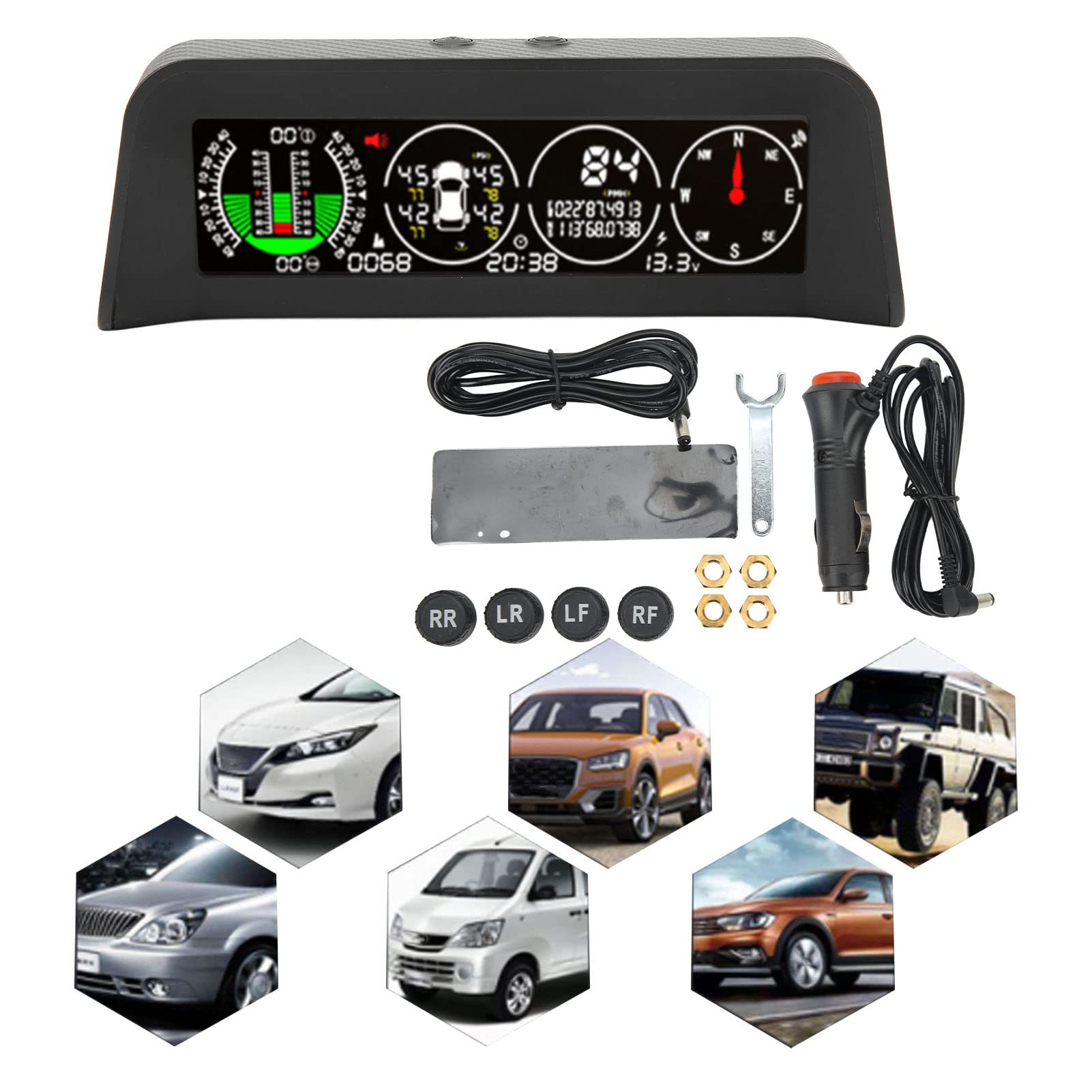 Pantalla HUD Head Up para automóvil y Reproductor de Video con de monitoreo de presión de neumáticos, inclinómetro Digital, medidor de Interfaz OBD2 para Velocidad de RPM,