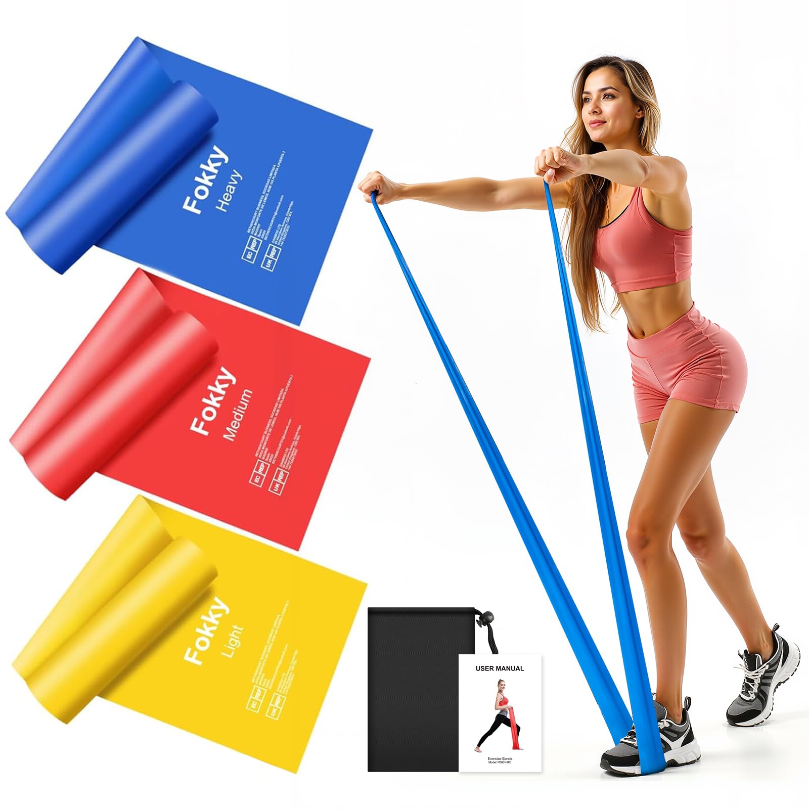 Bande Élastique Musculation 3 Pièces 1.5M/2M Fitness avec 3 Niveaux de Résistance Yoga Pilates