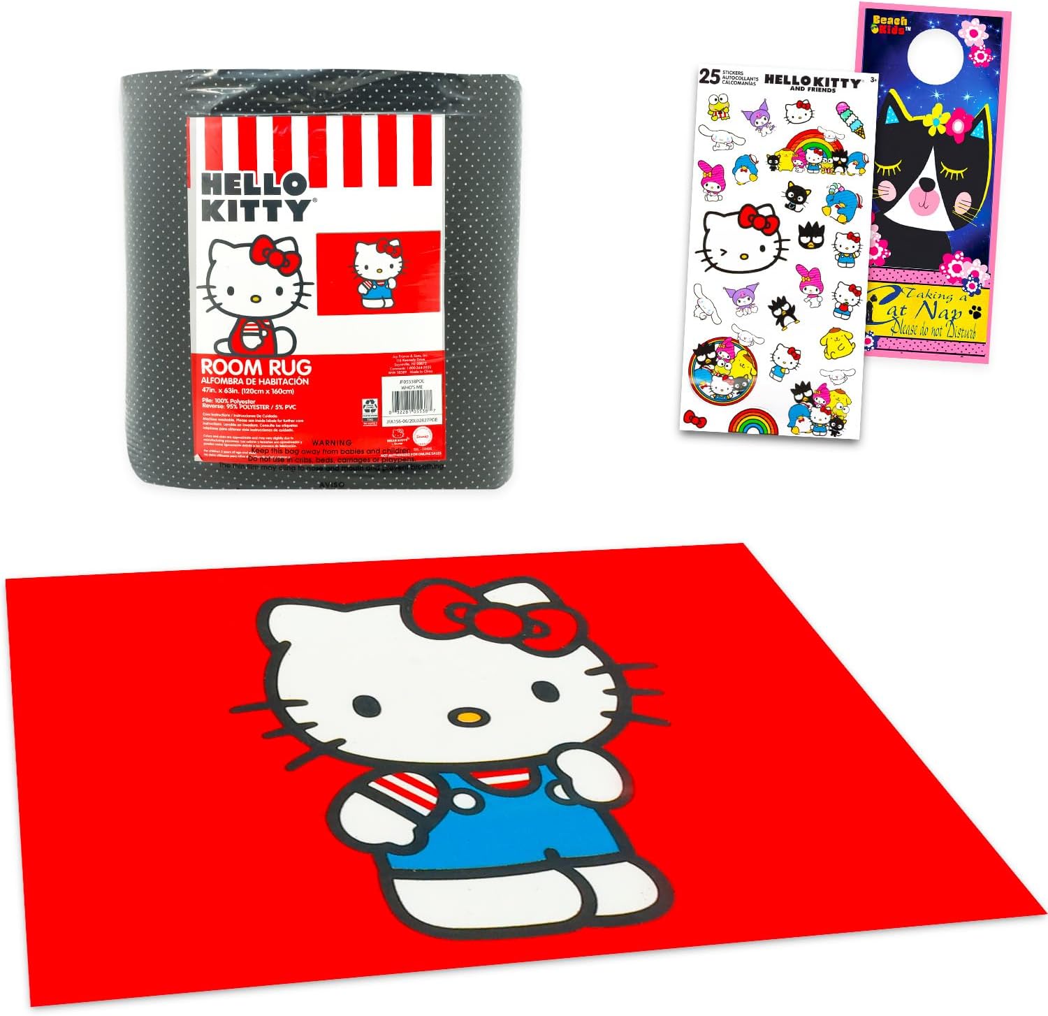 Hello Kitty Rug for Kids Room Set - Bundle with 48" x 72" Red Area Carpet for Bedroom, Room Decor, Plus Stickers and More | Hello Kitty Rug for Bedroom