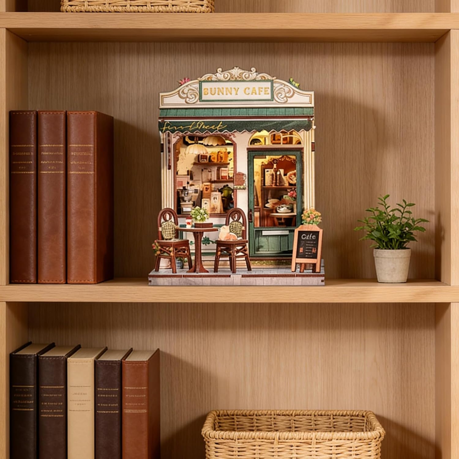 DIY Miniature House Book Nook Kit (Sunny Cafe), Creative Owl Bookstore Model for Home Decor, Engaging Craft Gift for Family and Friends