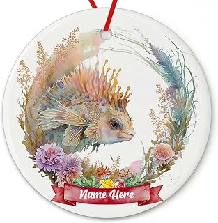 Dinoz Christmas Home Décor Lionfish Animal Ornament, Watercolor Baby Animals Tree Custom Names Printed Both Sides Keepsake Gifts Round Circle Ceramic Ornament Decorations House