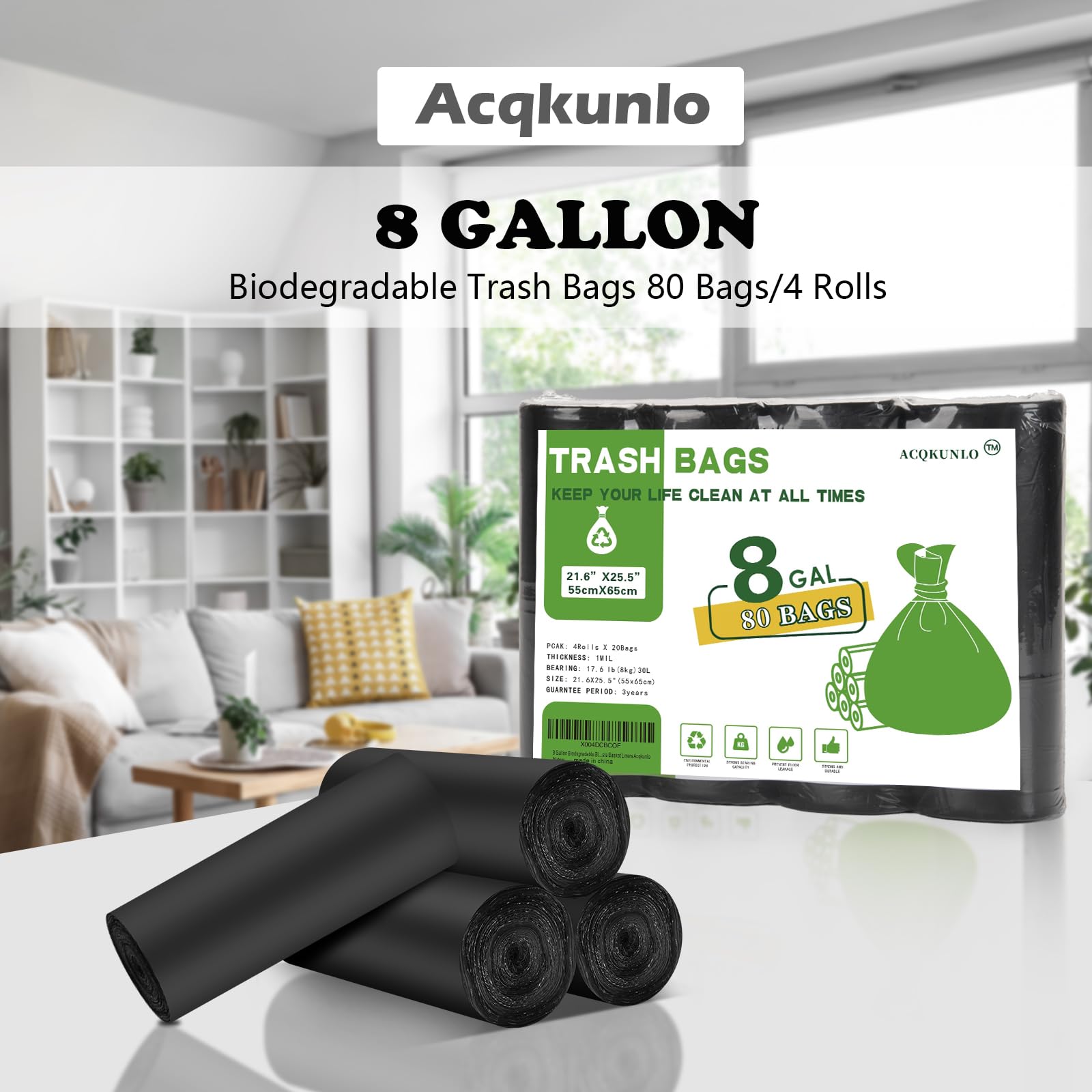 Bolsas de basura negras biodegradables de 8 galones, bolsas de basura altas compostables para cocina, 80 unidades, reciclaje, sin perfume, oficina, exteriores, gruesas, fuertes, tamaño mediano, para