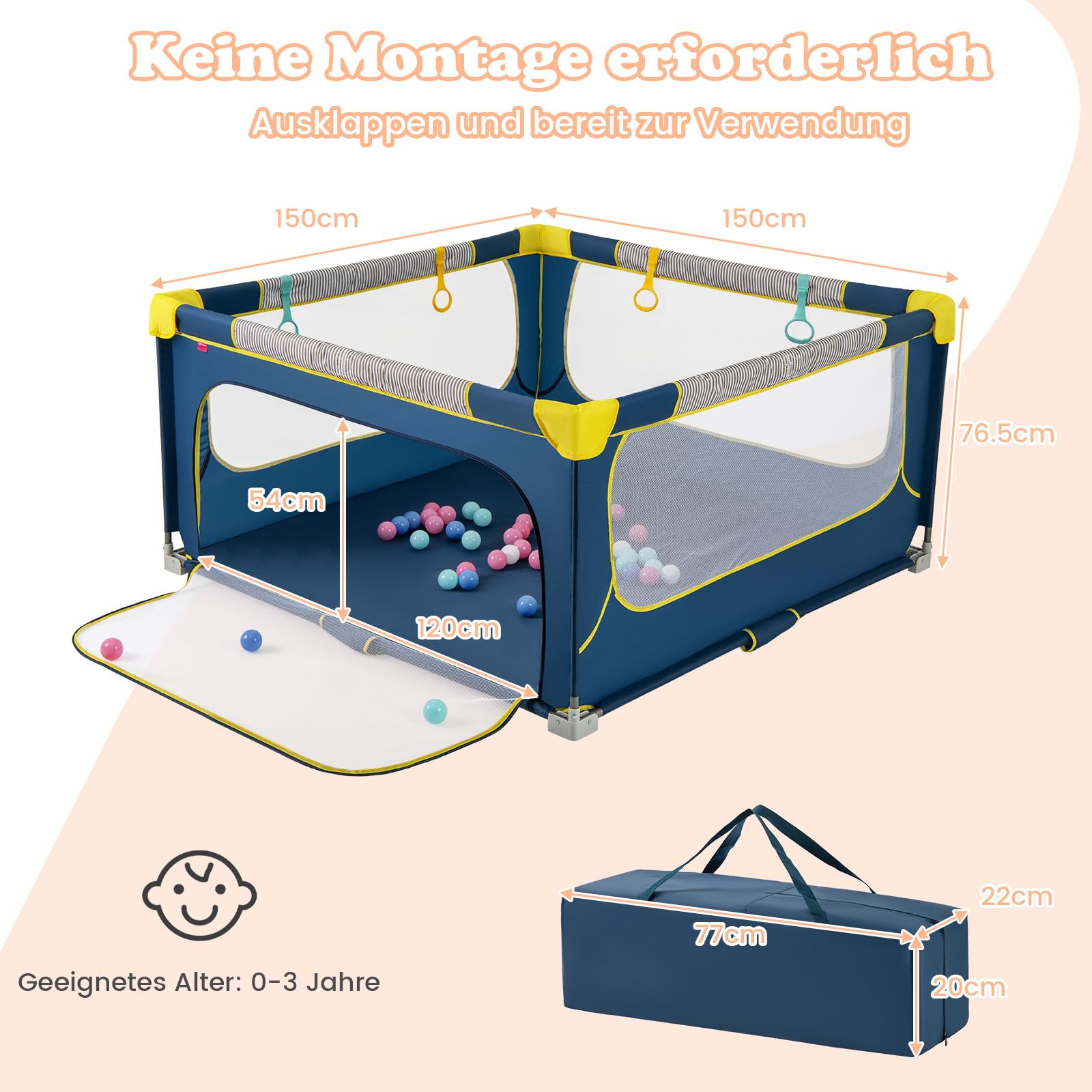 GOPLUS 150 x 150cm Laufstall Babys, Laufgitter tragbar mit 50 bunten Bällen, 4 Griffen & Tragetasche, umzäunter Spielbereich mit Reißverschlusstoren für Kinder drinnen und draußen (Blau)