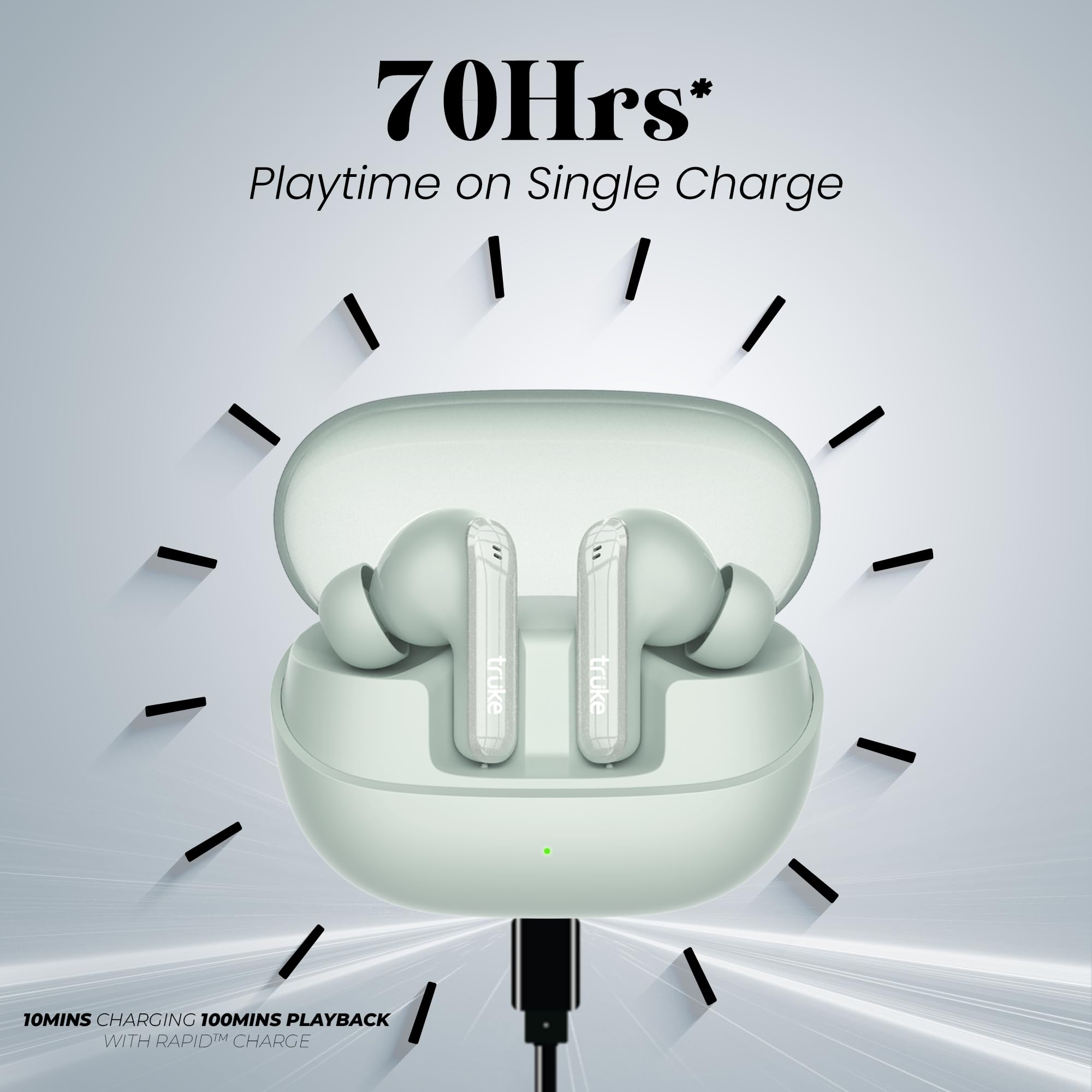 truke New Launch Buds Echo True Wireless in Ear Earbuds with 24-bit Spatial Audio, 13mm Titanium Driver, Dual Pairing Ear Buds, 40ms Latency, 70H Battery Fast Charge TWS, Quad-Mic ENC, BT 5.4 (Green) 3