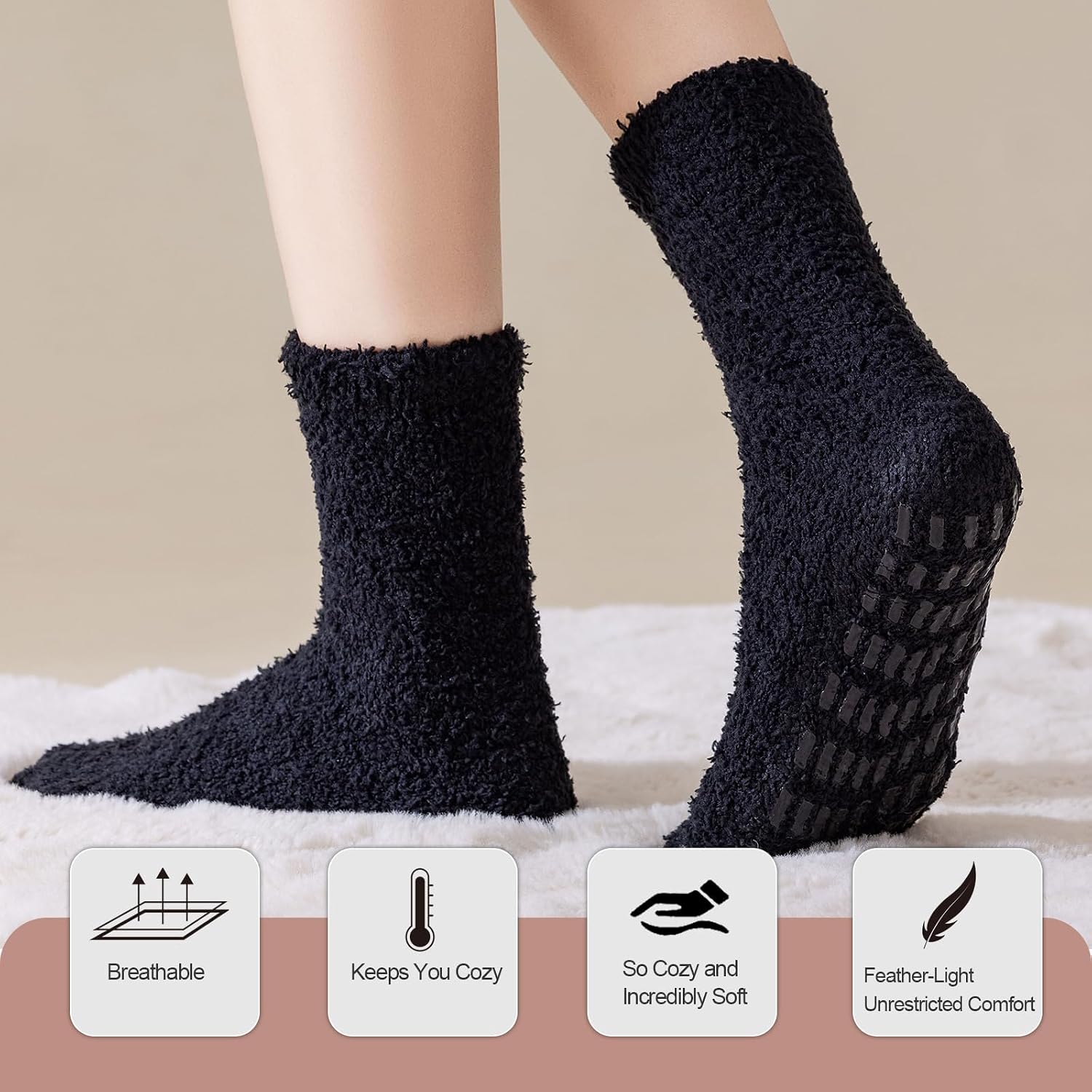 5 Pairs Fuzzy Socks with Grips for Women, Non Slip Cozy Fluffy Soft Socks, Winter Sleep Slipper Hospital thumbnail
