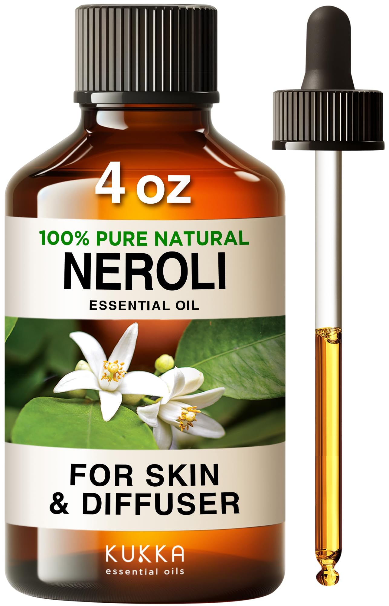 Kukka Neroli Essential Oil for Diffuser Skin - 4 Fl Oz - 100% Pure Natural Neroli Oil, Floral Scent, for Aromatherapy, Candle, Bath Bomb & Soap Making Scent DIY