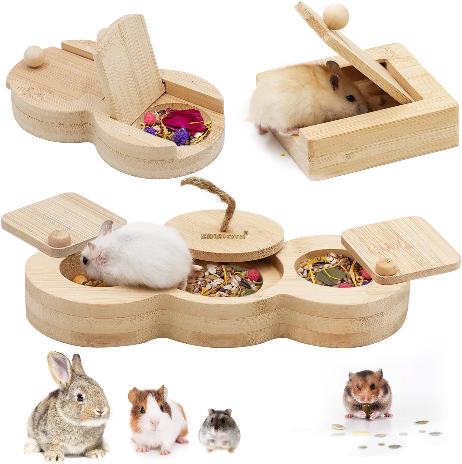 ZALALOVA 3 Pcs Guinea Pig Toys Hamster Enrichment Foraging Toys, Bamboo Interactive Hide Treats for Small Animals Pet Foraging Game Educational Toys for Rabbit Chinchilla Bunny