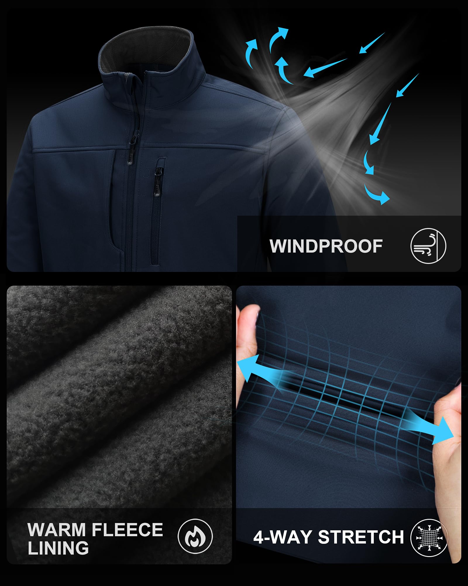 33,000ft Veste softshell pour homme - Veste demi-saison imperméable - Doublure en polaire chaude - Veste d'extérieur fonctionnelle - Veste de randonnée légère avec col montant