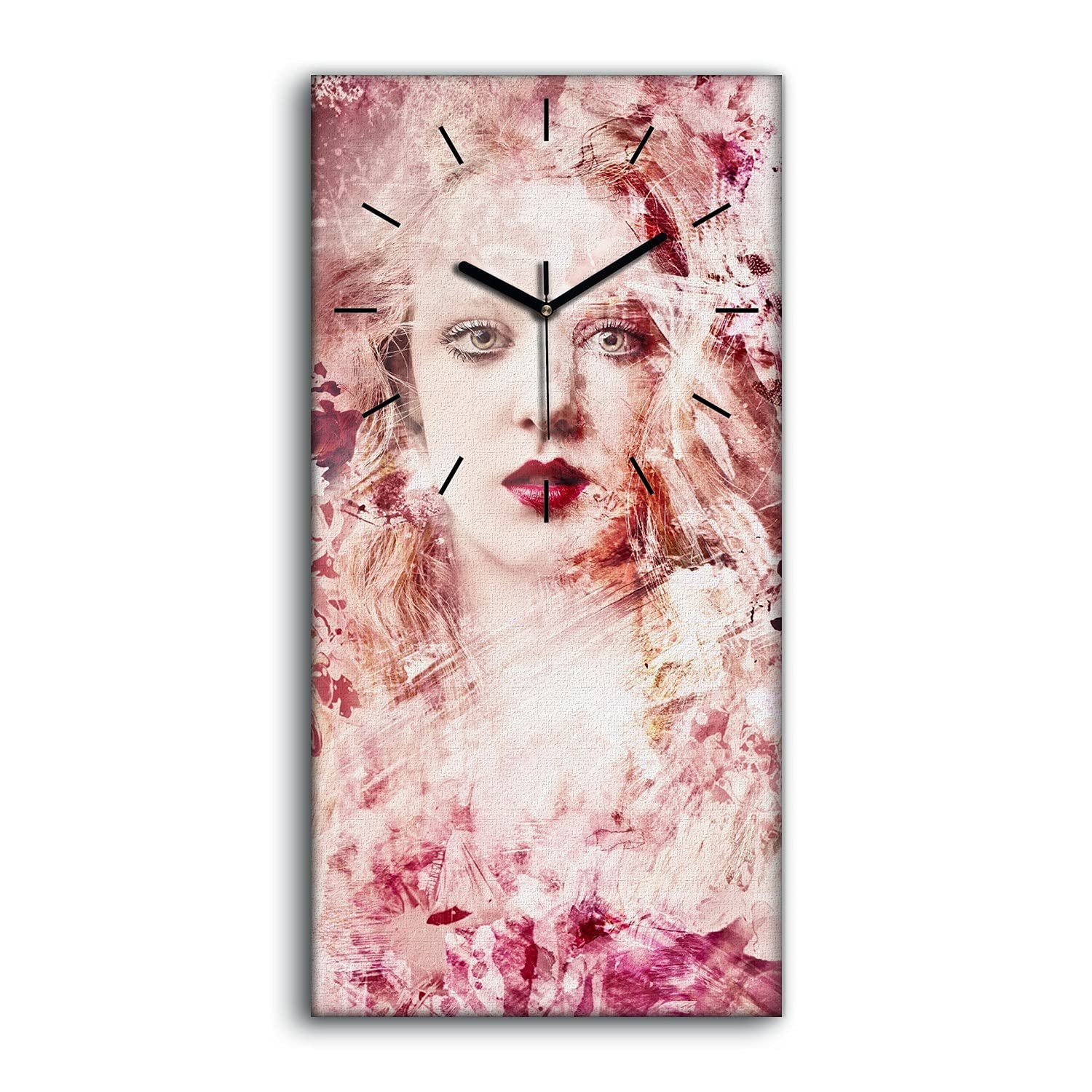 Horloge sur Toile Femme Portrait Rose Coloray 30x60cm pour Salon Art Moderne