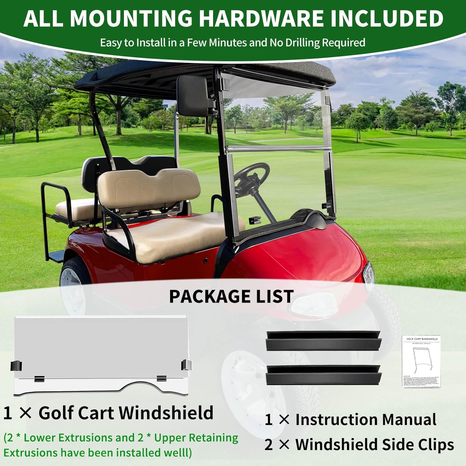 Clear Golf Cart Foldable Windshield 3/16" (5MM) Thicken for 2008-Up EZGO RXV / Freedom RXV, 37.91" W×33.46" H, Fits 1-1/4" Strut Rail Window Glass Replacement Scratch-Resistant, Shatterproof